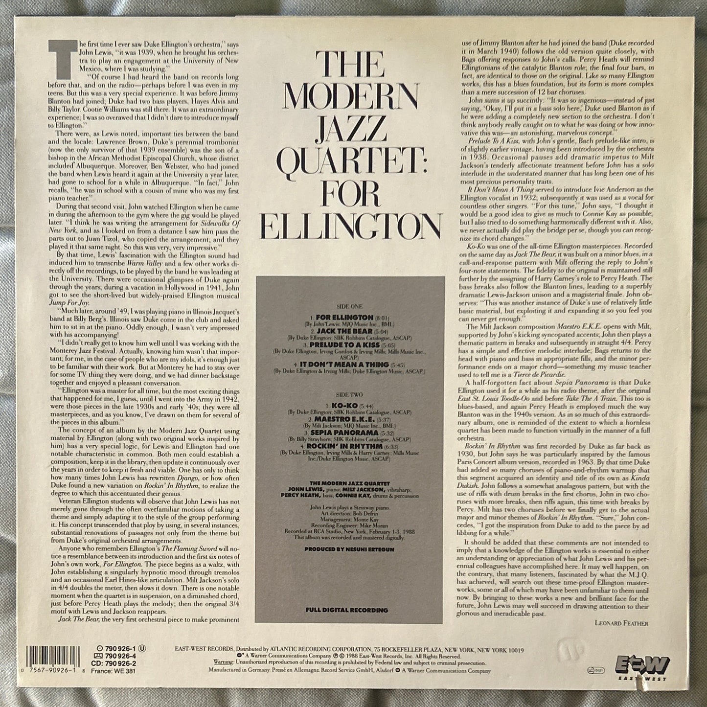 LP The Modern Jazz Quartet – For Ellington 2ª Mano