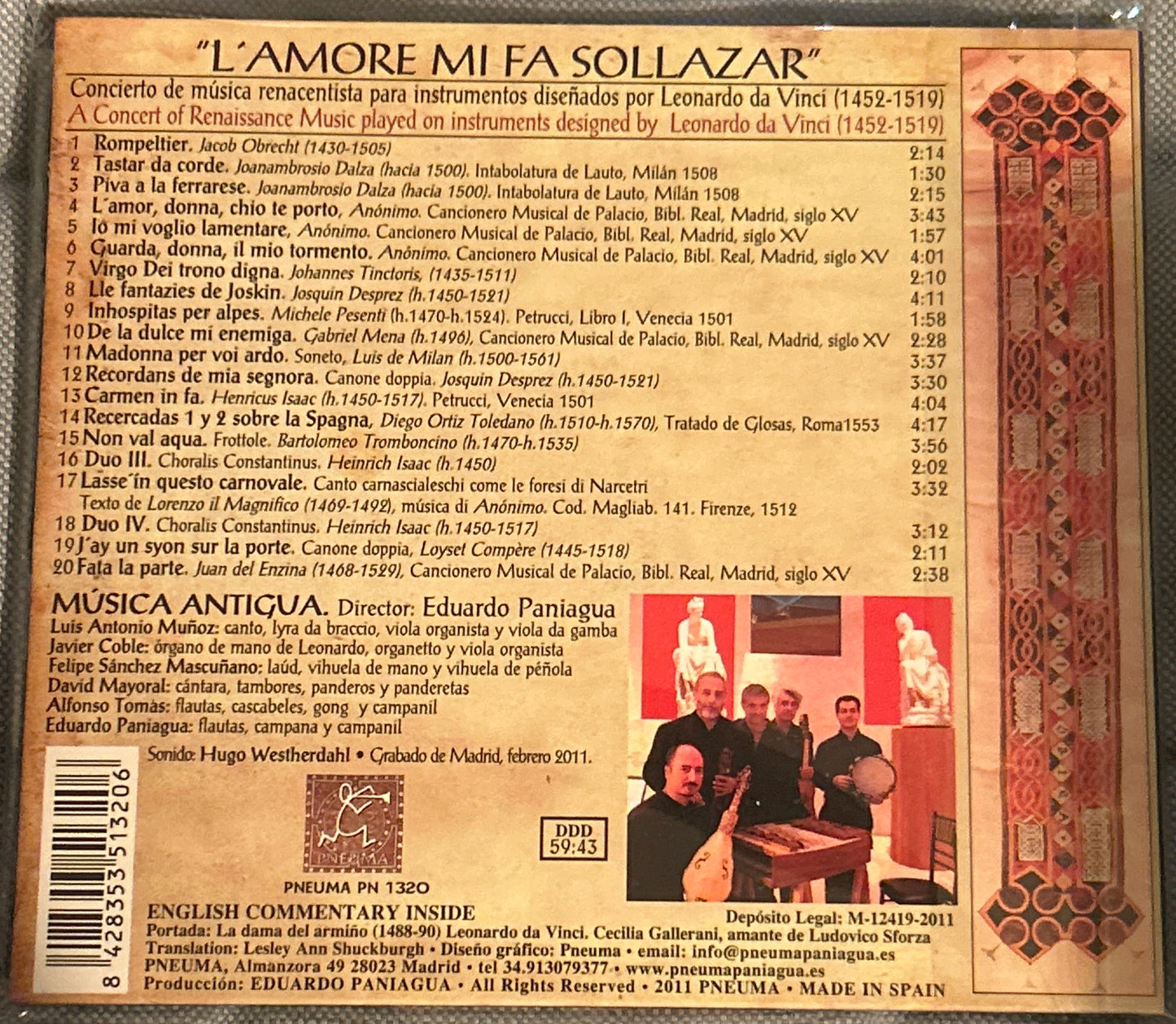 CD V/A - Eduardo Paniagua – "L'Amore Mi Fa Sollazar": Concierto de Música Renacentista Para Instrumentos Diseñados Por Leonardo Da Vinci 2ª Mano