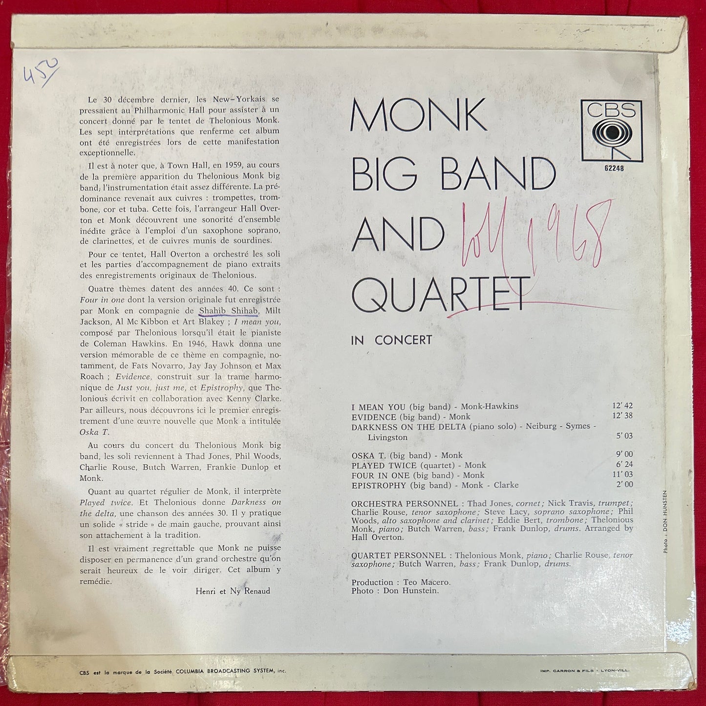 LP Thelonious Monk – Big Band And Quartet In Concert 2ª Mano
