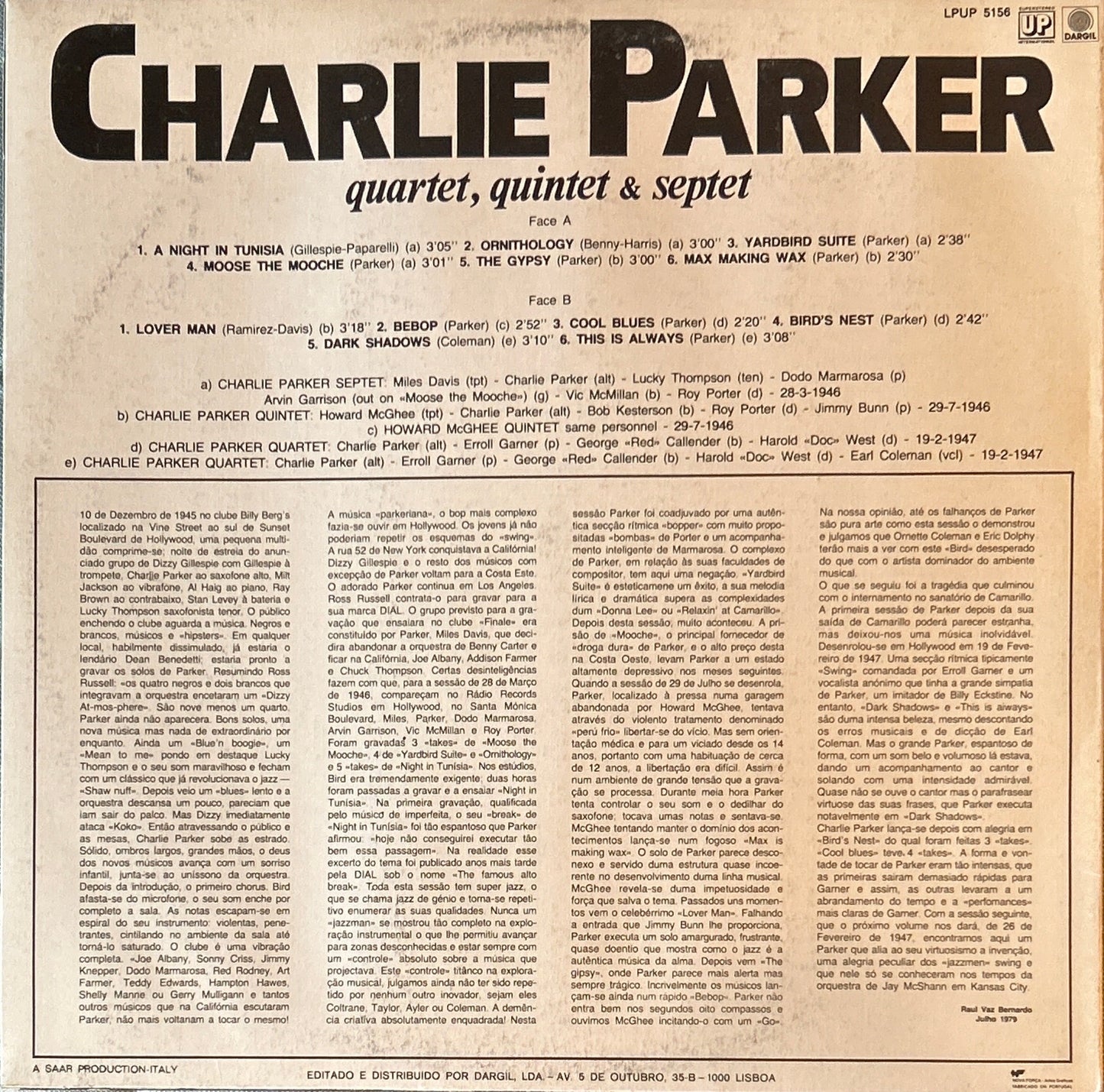LP Charlie Parker – Charlie Parker Quartet, Quintet & Septet (Volume 1) 2ª Mano
