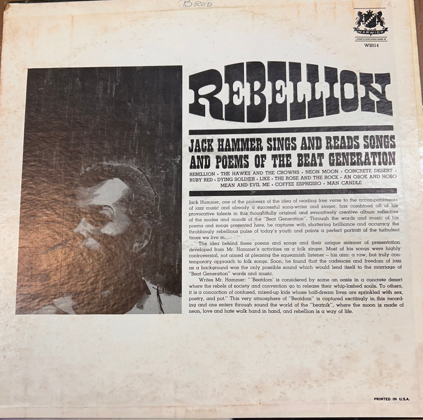 LP Jack Hammer – Rebellion - Jack Hammer Sings And Reads Songs And Poems Of The Beat Generation Gebraucht