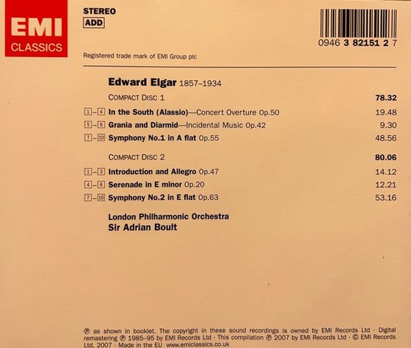 CD Sir Edward Elgar, London Philharmonic Orchestra, Sir Adrian Boult – Symphonies Nos. 1 & 2. In The South. Serenade For Strings. Introduction & Allegro. Nuevo precintado - DISCOS NAKASHA