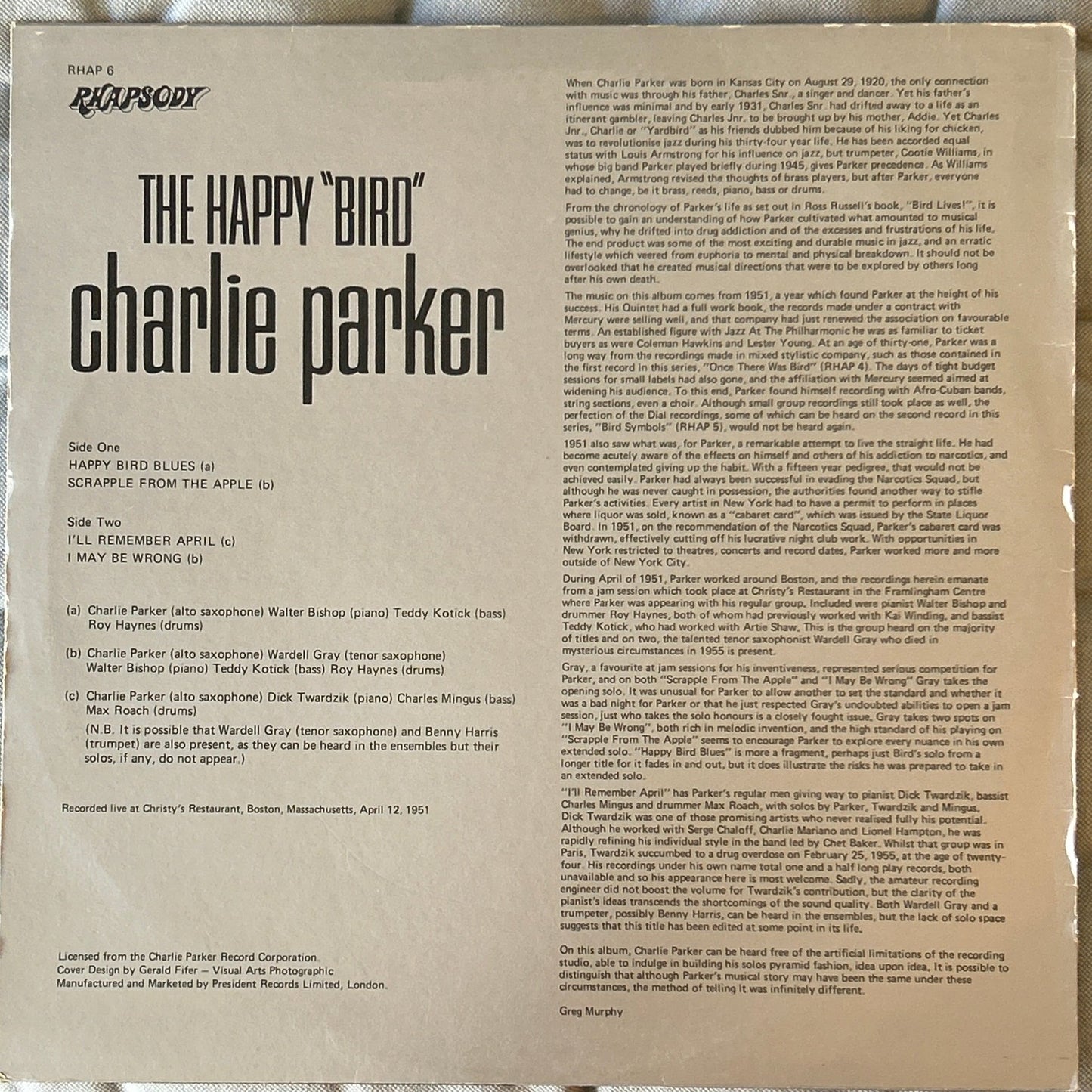 LP Charlie Parker – The Happy "Bird" 2ª Mano - DISCOS NAKASHA