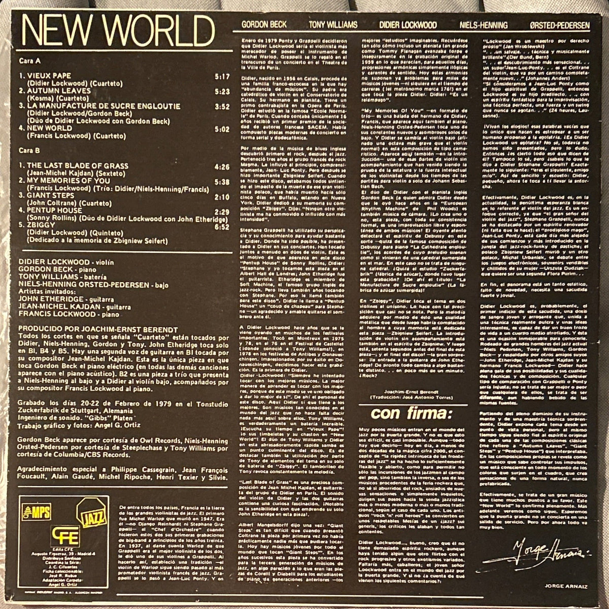 LP Didier Lockwood, Gordon Beck, Tony Williams, Niels-Henning Ørsted Pedersen – New World 2ª Mano - DISCOS NAKASHA
