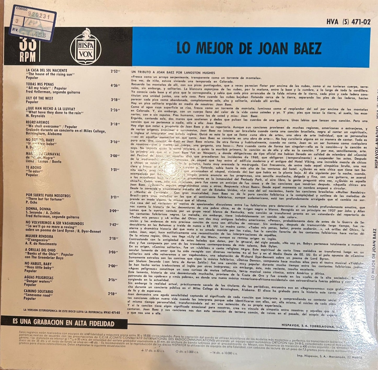 LP Joan Baez – Lo Mejor De Joan Baez 2ª Mano (Producto exclusivo recogida en tienda) - DISCOS NAKASHA