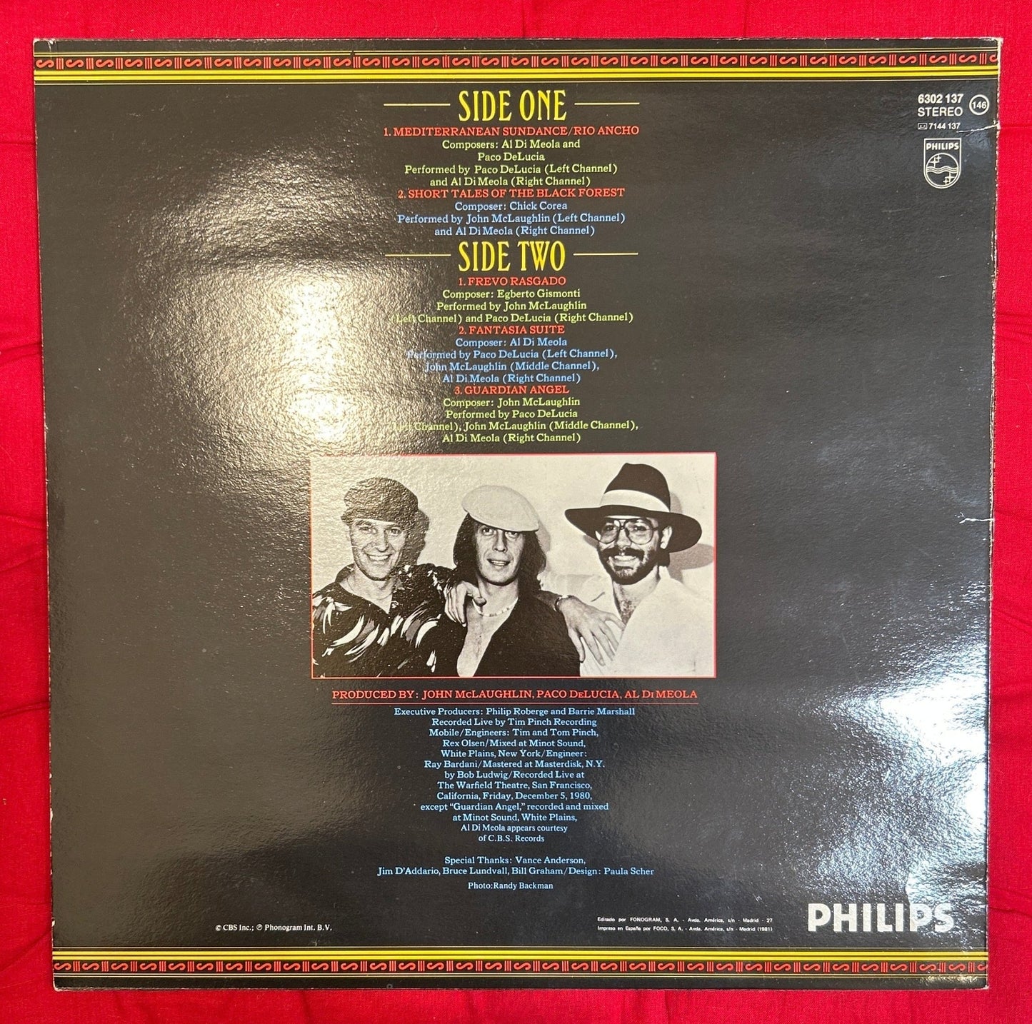 LP John McLaughlin / Al Di Meola / Paco De Lucía – Friday Night In San Francisco 2ª Mano - DISCOS NAKASHA