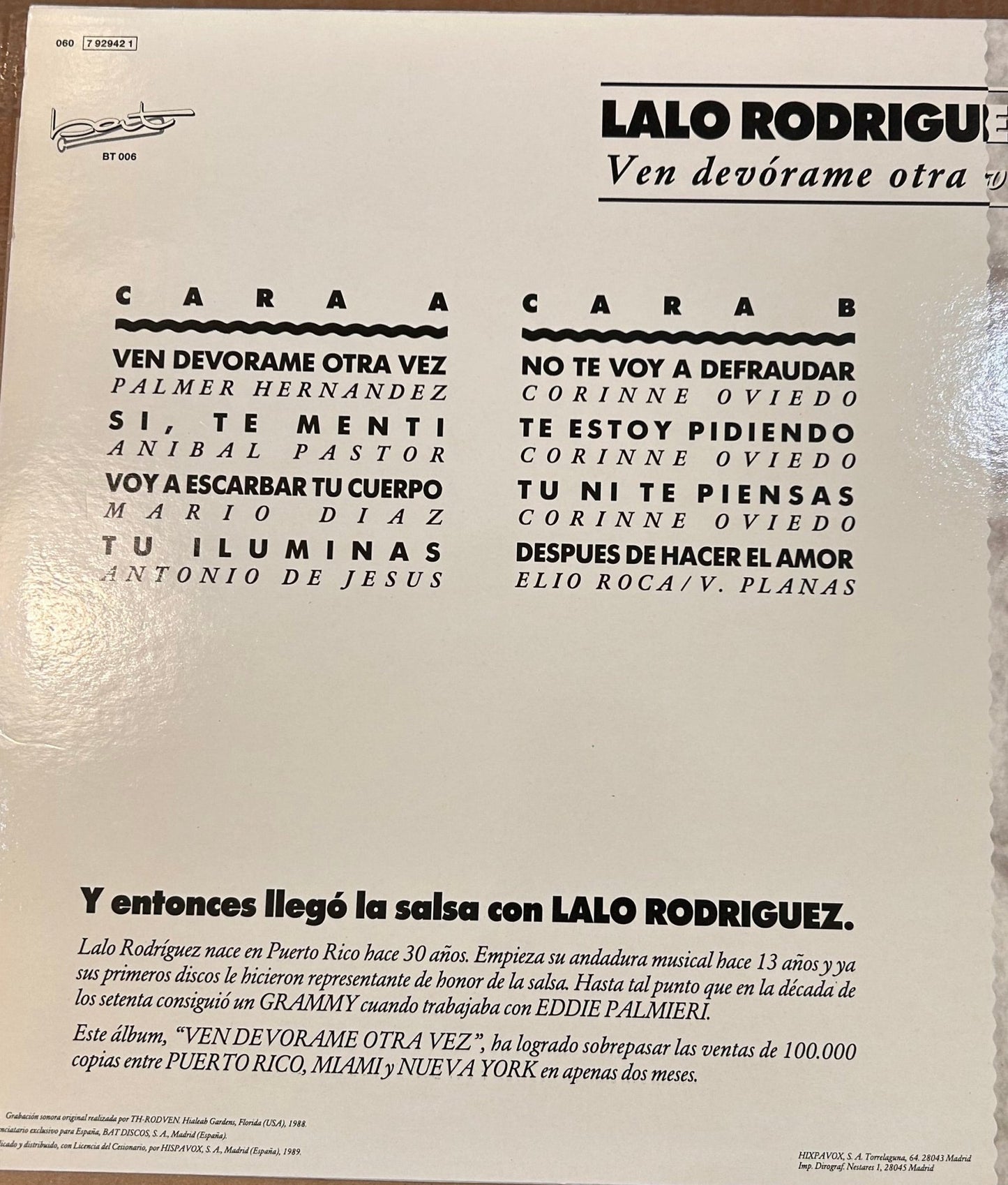 LP Lalo Rodriguez – Ven Devórame Otra Vez 2ª Mano (Producto exclusivo recogida en tienda) - DISCOS NAKASHA
