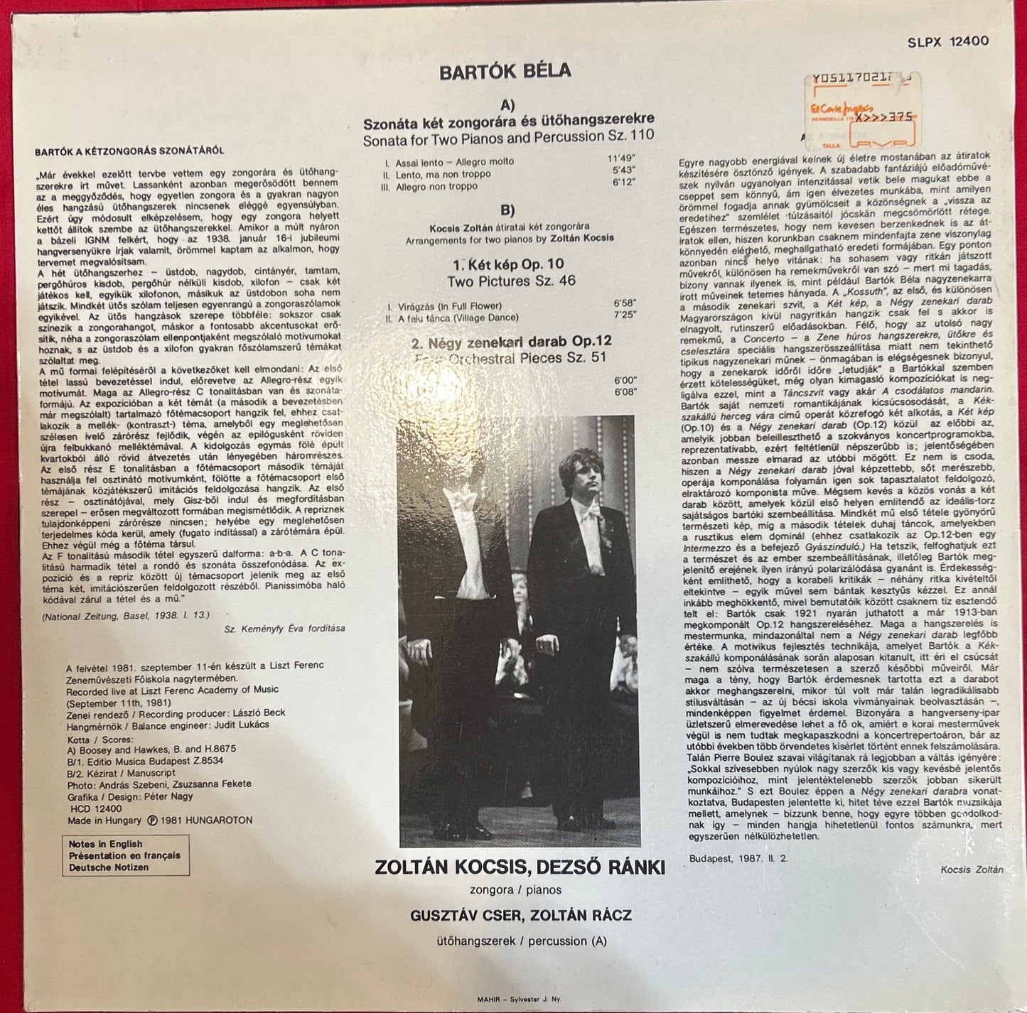 LP Zoltán Kocsis – Bartók: Sonata For Two Pianos And Percussion Etc.2ª Mano - DISCOS NAKASHA