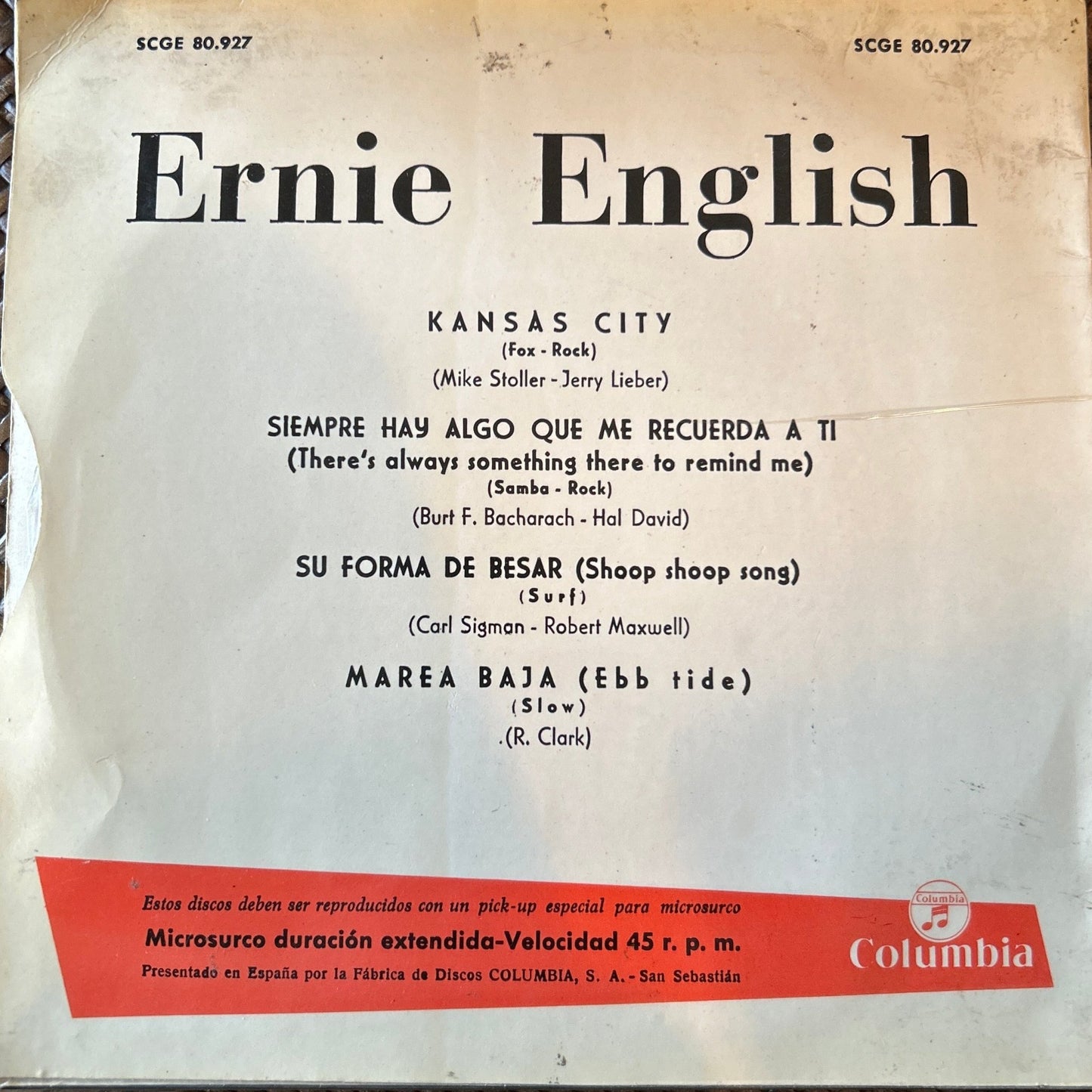 SINGLE Ernie English – Kansas City / Su Forma De Besar / Marea Baja / Siempre Hay Algo Que Me Recuerda A Ti 2ª Mano - DISCOS NAKASHA