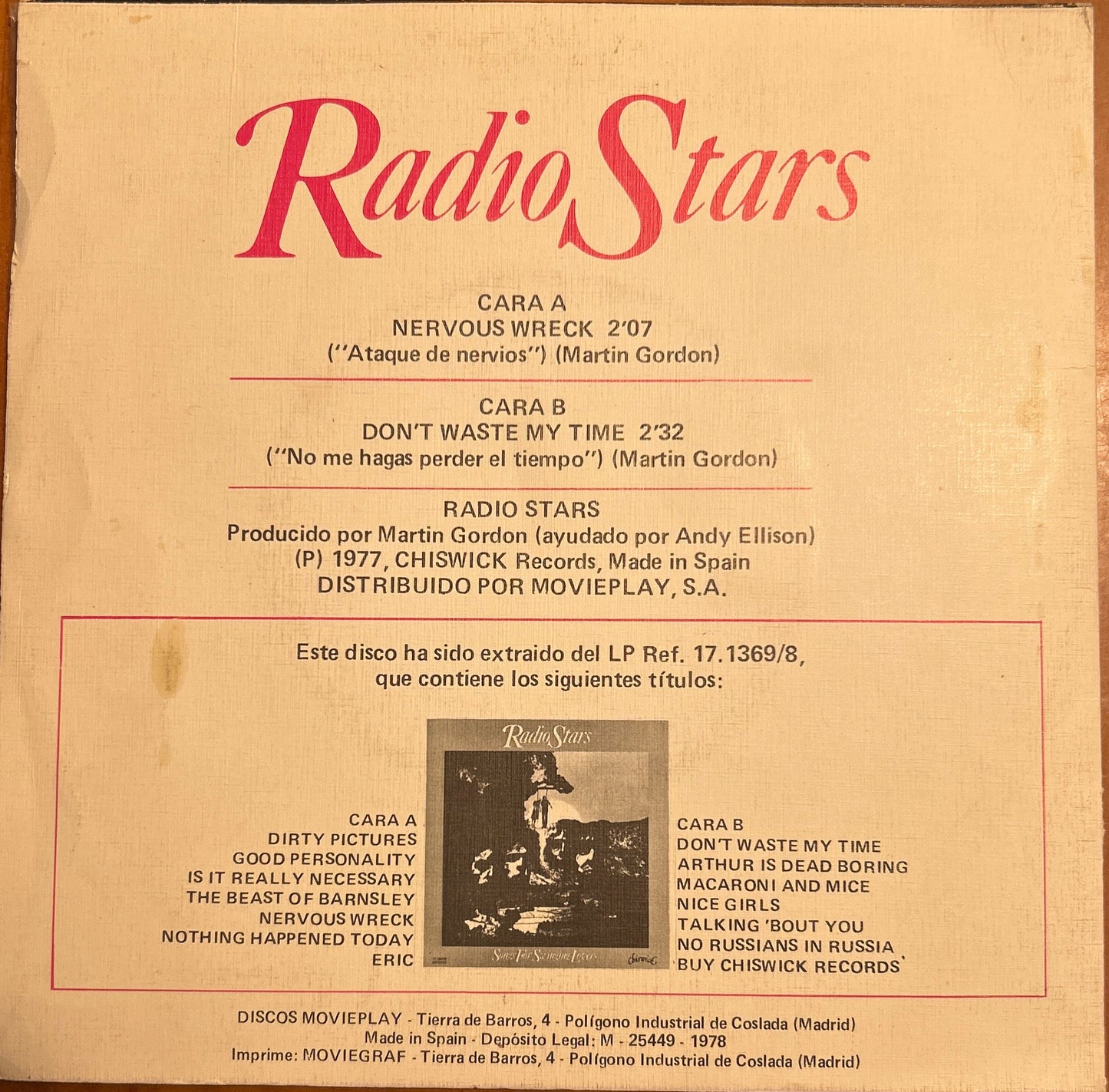 SINGLE Radio Stars ‎– Nervous Wreck = Ataque De Nervios 2ª Mano