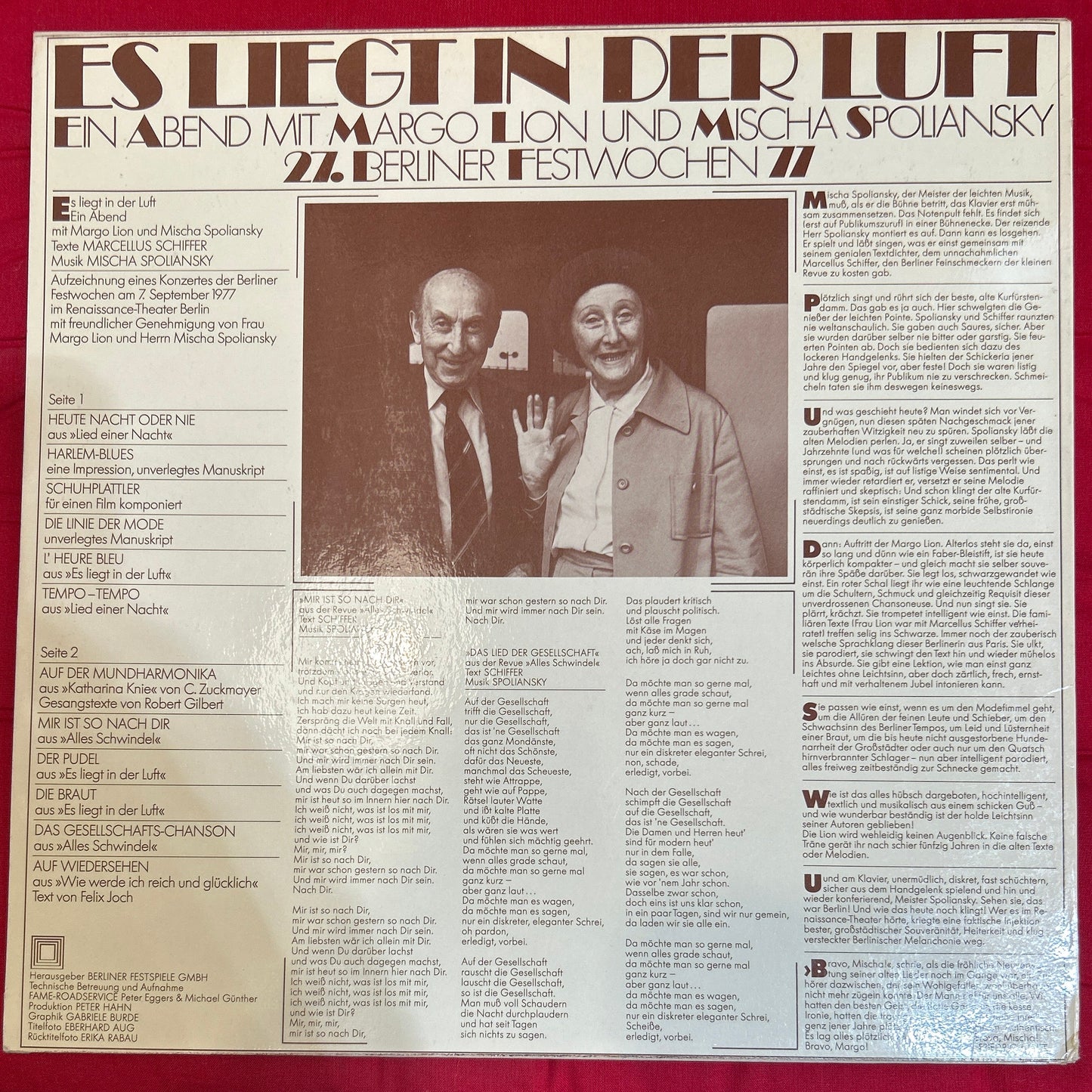 Margo Lion, Mischa Spoliansky ‎– Es Liegt In Der Luft - Ein Abend Mit Margo Lion Und Mischa Spoliansky - 27. Berliner Festwochen 77