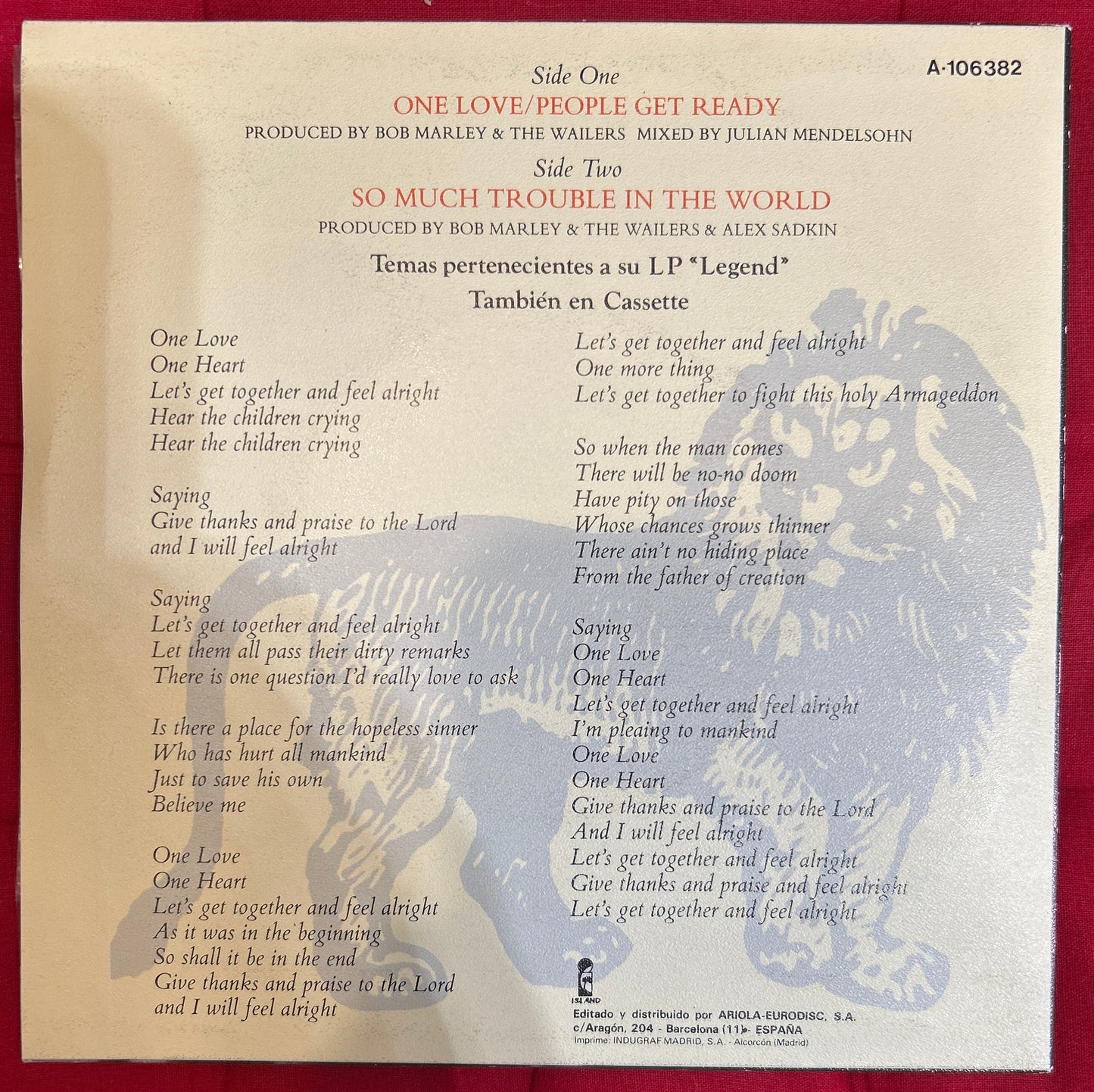 SINGLE Bob Marley And The Wailers ‎– One Love / People Get Ready 2ª mano