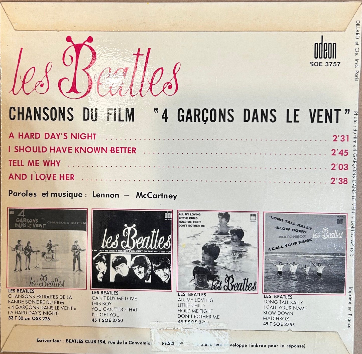 SINGLE Les Beatles* ‎– Chansons Du Film "4 Garçons Dans Le Vent" 2ª Mano