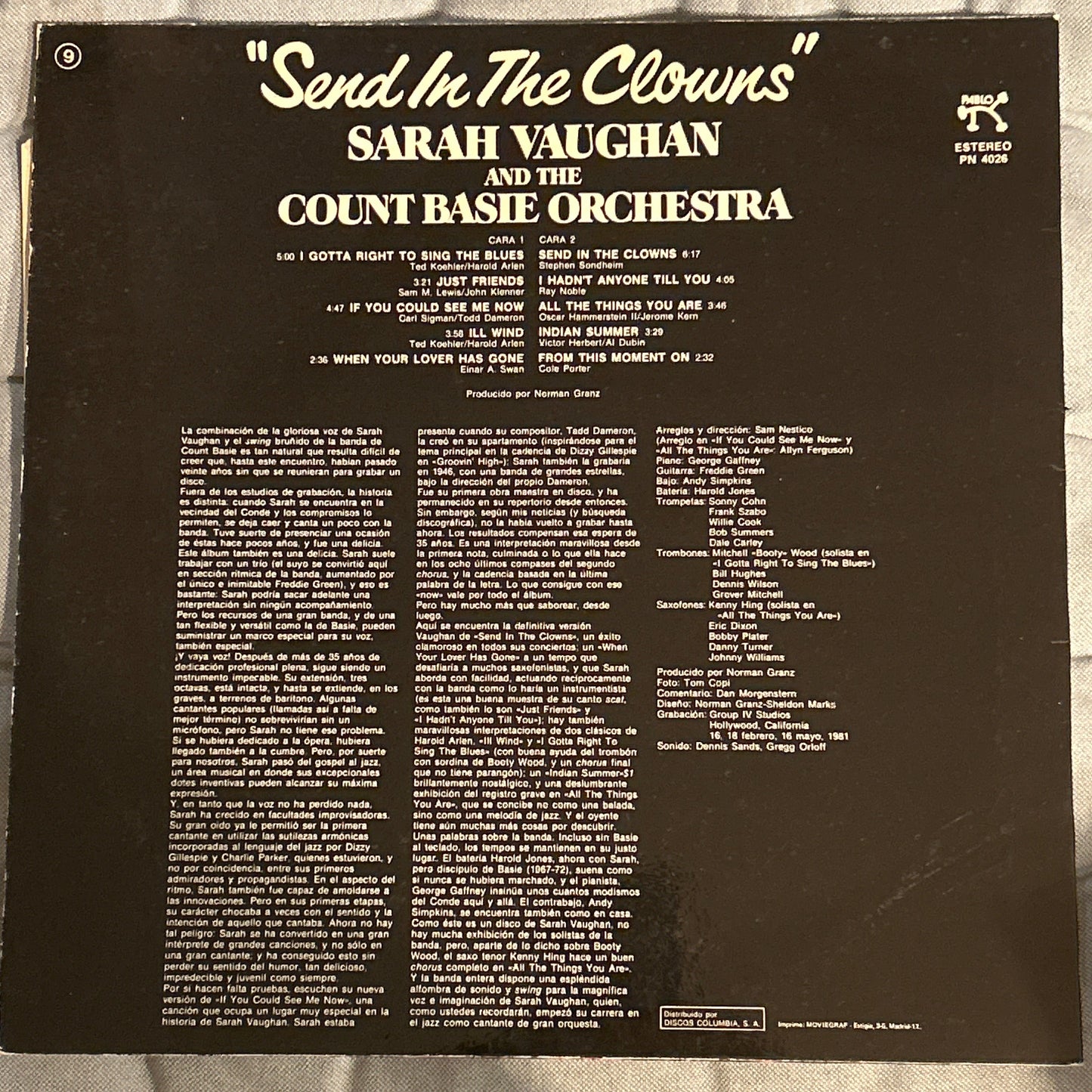 LP Sarah Vaughan And The Count Basie Orchestra ‎– Send In The Clowns 2ª Mano (Producto exclusivo recogida en tienda)