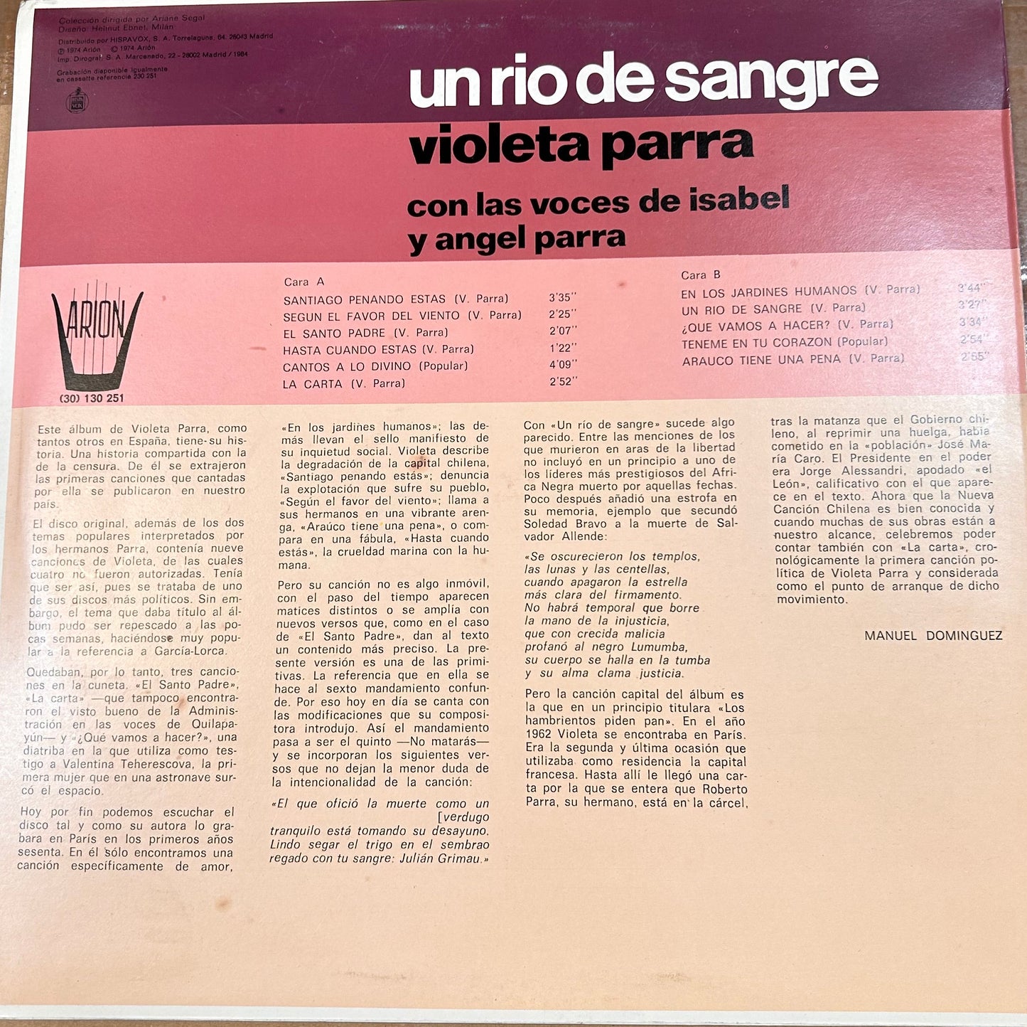 LP Violeta Parra Con Isabel Y Angel Parra ‎– Un Rio De Sangre 2ª Mano