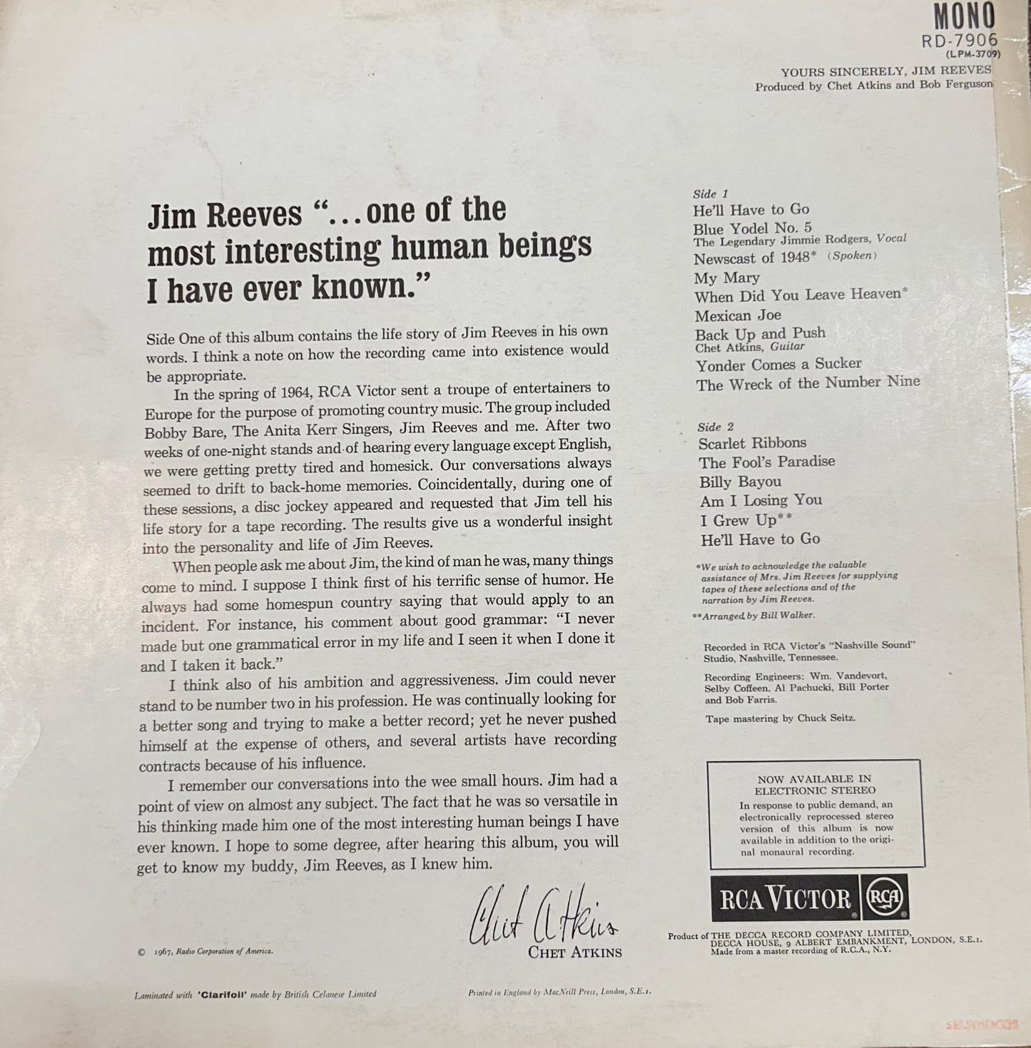 LP Jim Reeves – Yours Sincerely gebraucht
