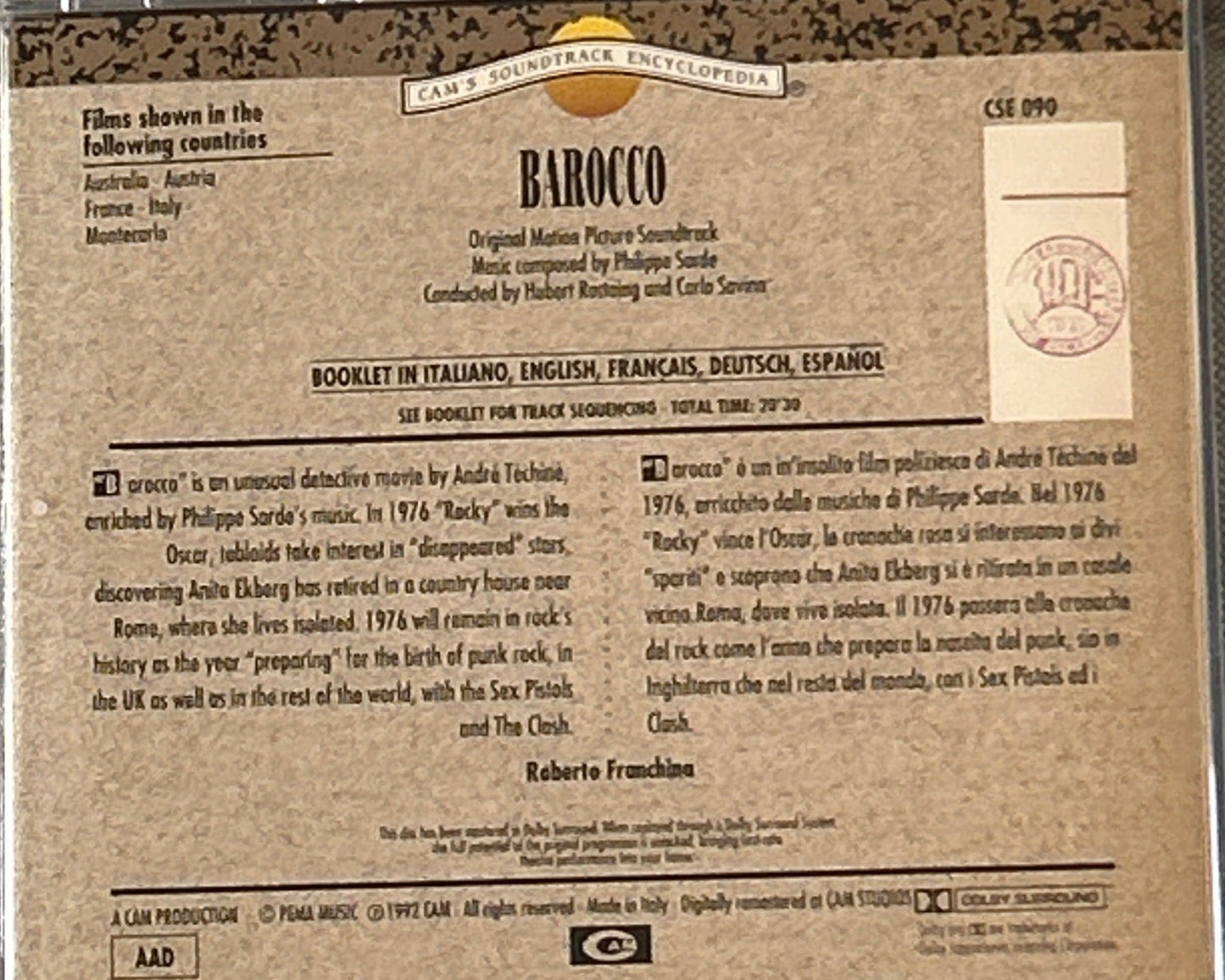 CD Banda Sonora - Philippe Sarde ‎– Barocco 2ª Mano - DISCOS NAKASHA