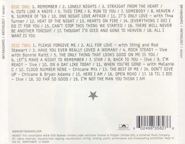 CD Bryan Adams ‎– Anthology Nuevo precintado - DISCOS NAKASHA