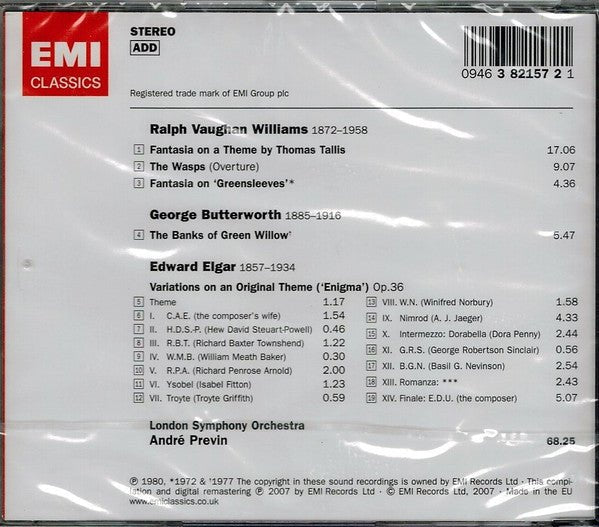 CD Elgar • Vaughan Williams • Butterworth / London Symphony Orchestra • André Previn ‎– 'Enigma' Variations • Fantasia On A Theme Of Thomas Tallis • The Wasps (Overture) • The Banks Of Green Willow Nuevo precintado - DISCOS NAKASHA