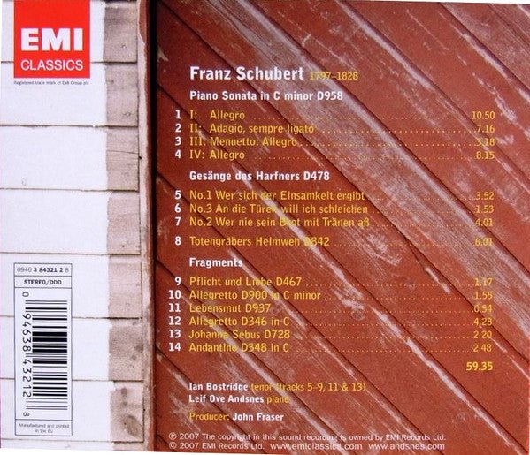 CD Leif Ove Andsnes, Ian Bostridge - Schubert ‎– Piano Sonata D958; Lieder; Gesänge Des Harfners, Totengräbers Heimweh; Fragments Nuevo precintado - DISCOS NAKASHA
