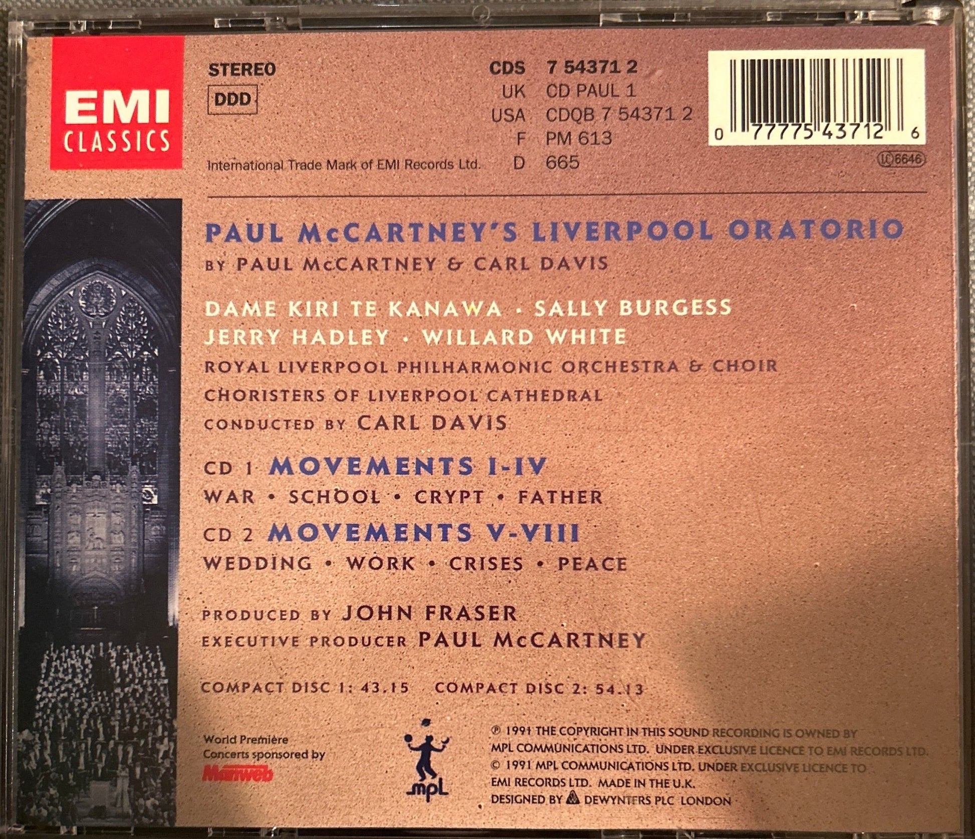 CD Paul McCartney - Kiri Te Kanawa • Sally Burgess • Jerry Hadley • Willard White • Royal Liverpool Philharmonic Orchestra & Choir* • Choristers of Liverpool Cathedral • Carl Davis (5) ‎– Liverpool Oratorio 2ª Mano (Producto exclusivo recogida en tienda) - DISCOS NAKASHA
