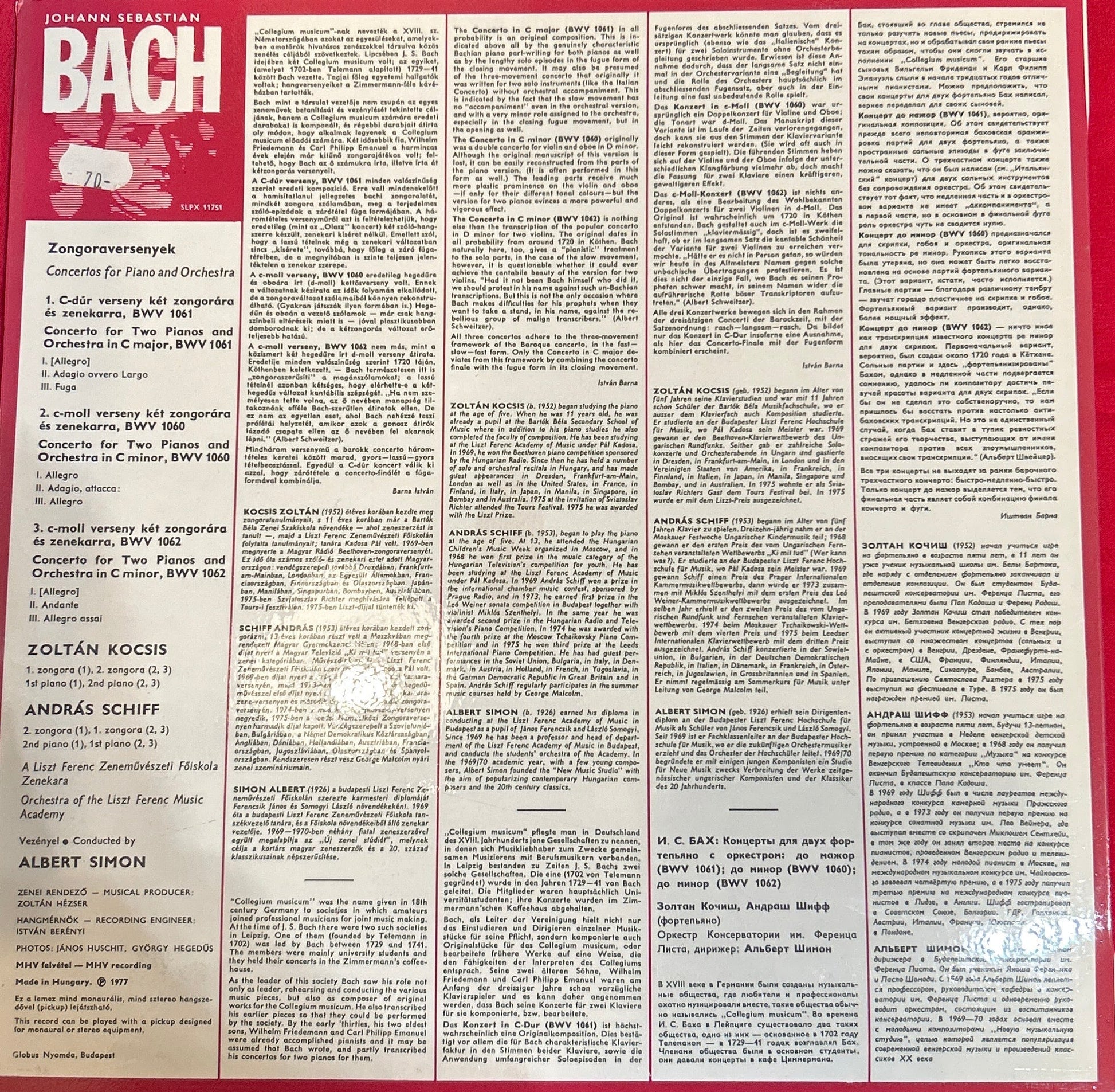 LP Bach - Zoltán Kocsis, András Schiff, Orchestra Of The Liszt Ferenc Music Academy Conducted by Albert Simon – Piano Concertos 2ª Mano - DISCOS NAKASHA