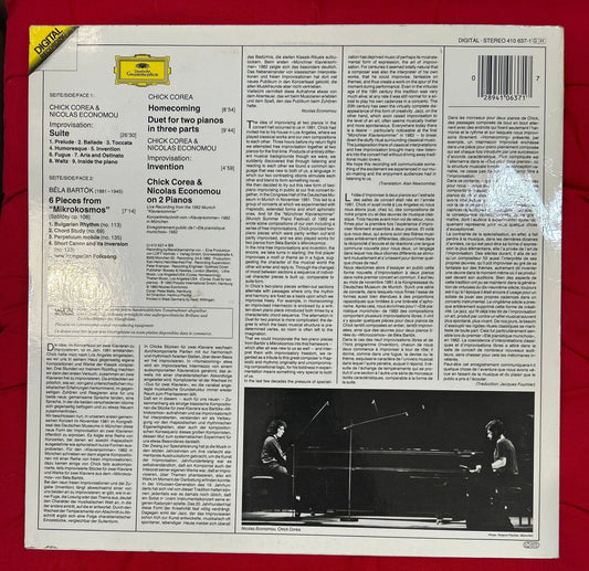 LP Chick Corea & Nicolas Economou ‎– On Two Pianos 2ª Mano - DISCOS NAKASHA