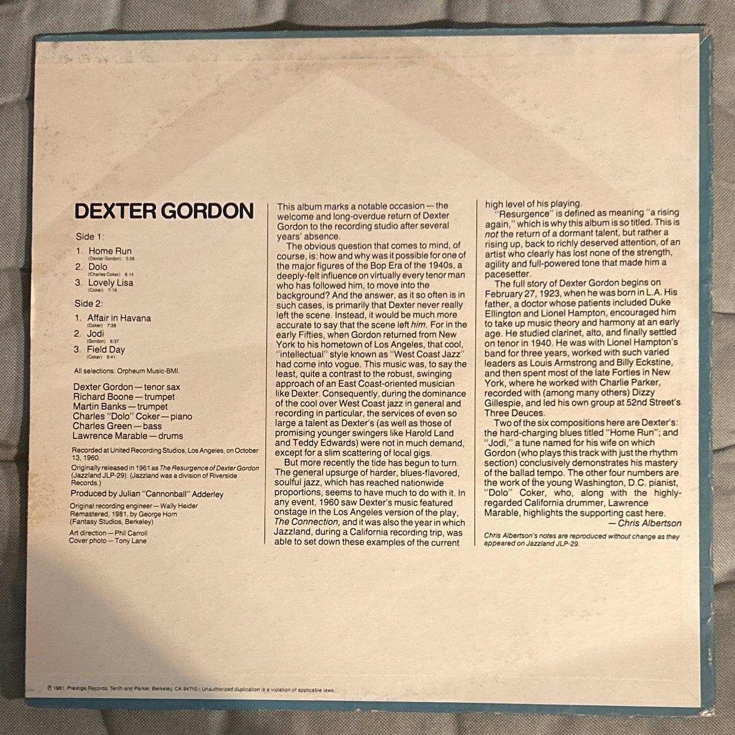LP Dexter Gordon ‎– Resurgence Ed. USA 2ª Mano - DISCOS NAKASHA