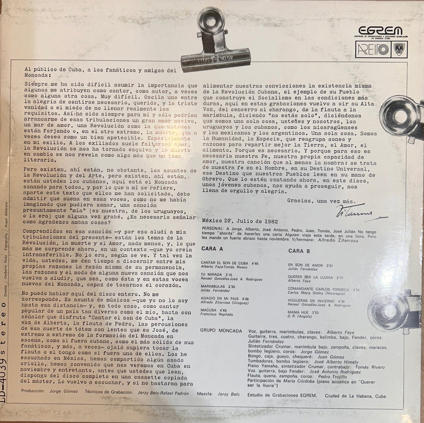 LP Grupo Moncada ‎– Cantar El Son De Cuba 2ª Mano - DISCOS NAKASHA
