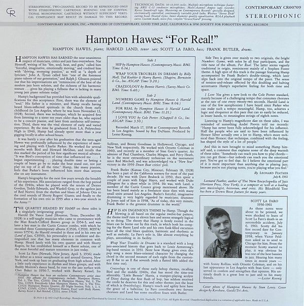 LP Hampton Hawes ‎– For Real! Nuevo precintado - DISCOS NAKASHA