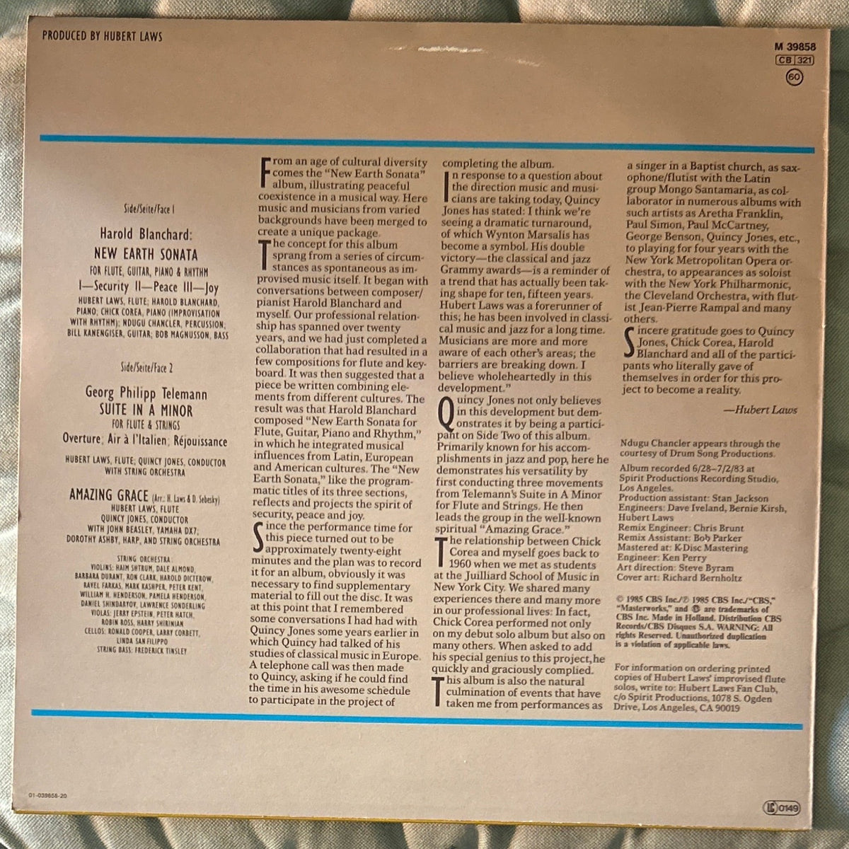 LP Hubert Laws, Quincy Jones, Chick Corea ‎– Blanchard: New Earth Sonata Telemann: Suite In A Minor (Overture/Air A L'Italien/Rejouissance) 2ª Mano - DISCOS NAKASHA