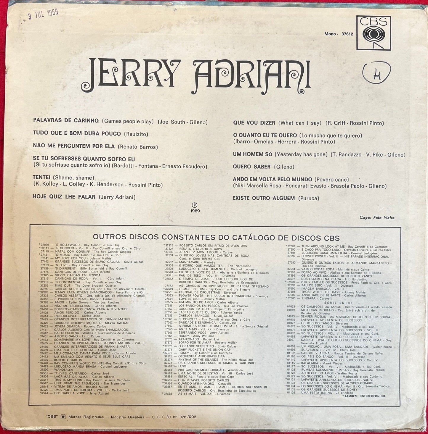 LP Jerry Adriani ‎– Jerry Adriani Ed. Brasileña 2ª Mano - DISCOS NAKASHA