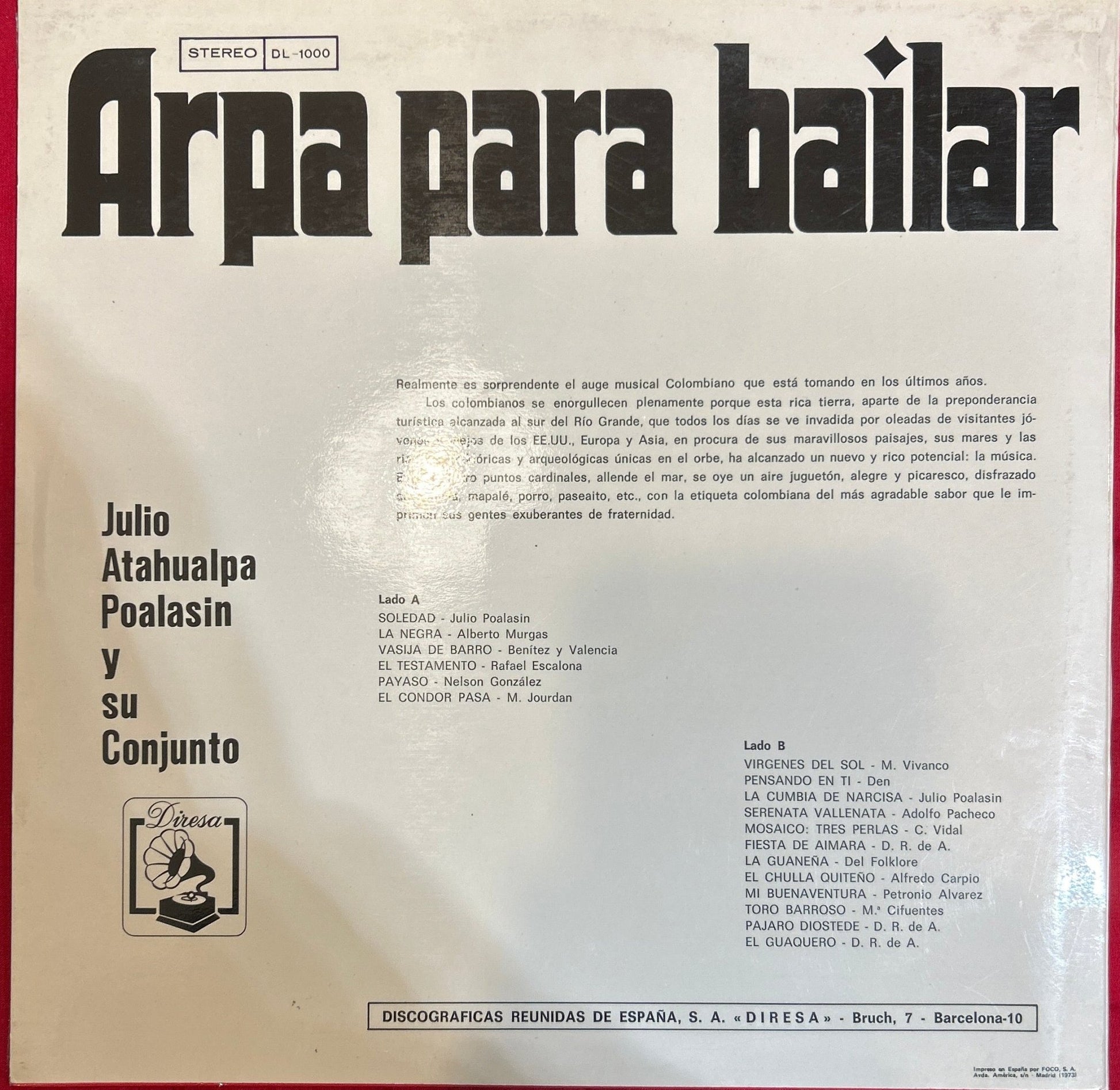 LP Julio Atahualpa Poalasin Y Su Conjunto ‎– Arpa Para Bailar 2ª Mano - DISCOS NAKASHA