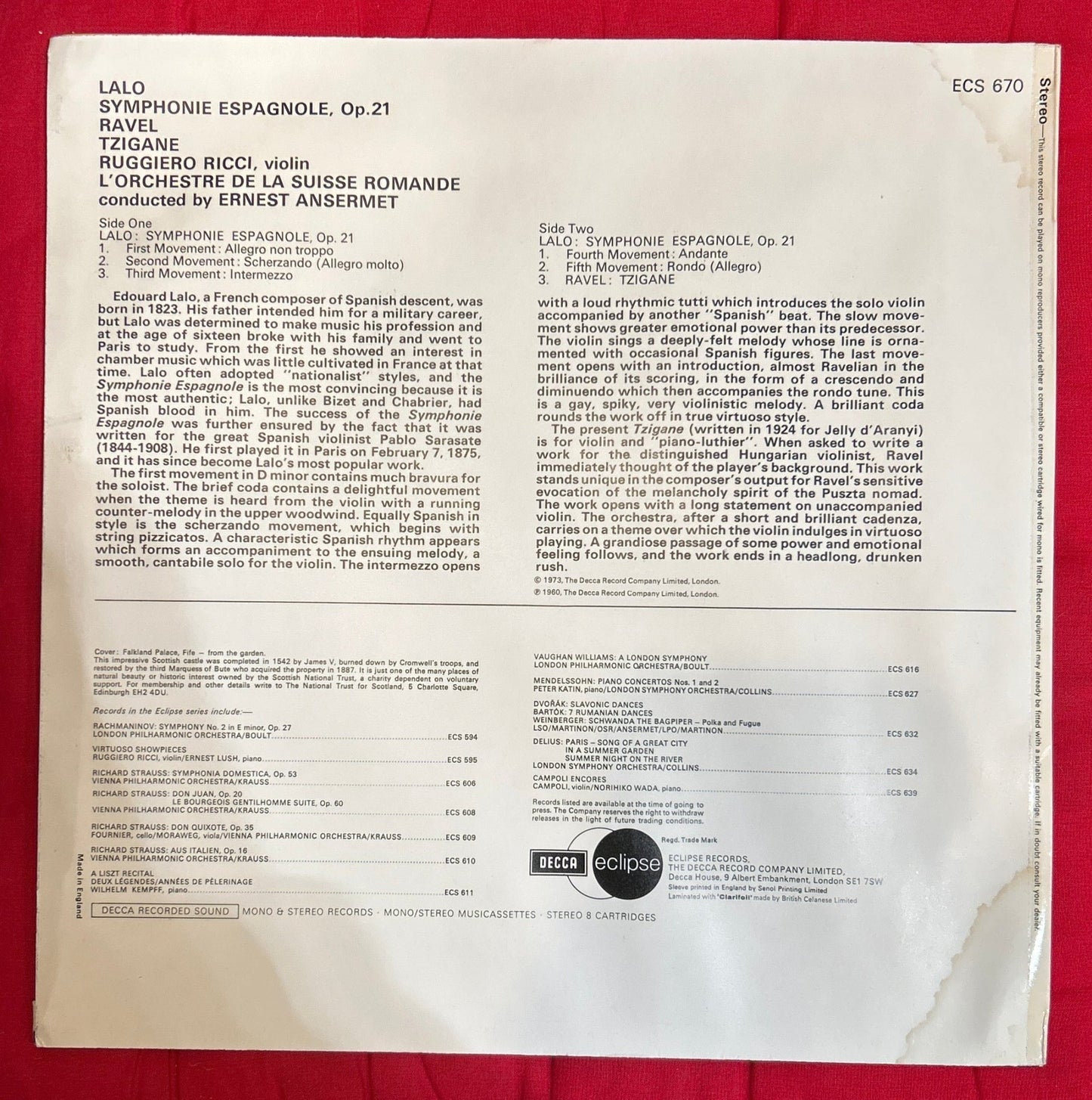 LP Lalo*, Ravel*, Ruggiero Ricci, Ernest Ansermet, L'Orchestre De La Suisse Romande ‎– Symphonie Espagnole / Tzigane 2ª Mano - DISCOS NAKASHA