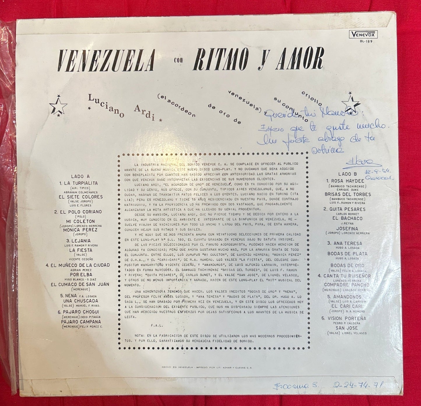 LP Luciano Ardi Y Su Conjunto Criollo ‎– Venezuela Con Ritmo Y Amor 2ª Mano - DISCOS NAKASHA