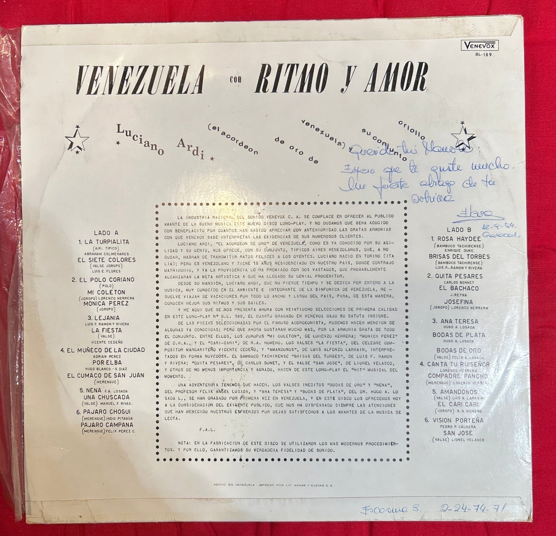 LP Luciano Ardi Y Su Conjunto Criollo ‎– Venezuela Con Ritmo Y Amor 2ª Mano - DISCOS NAKASHA