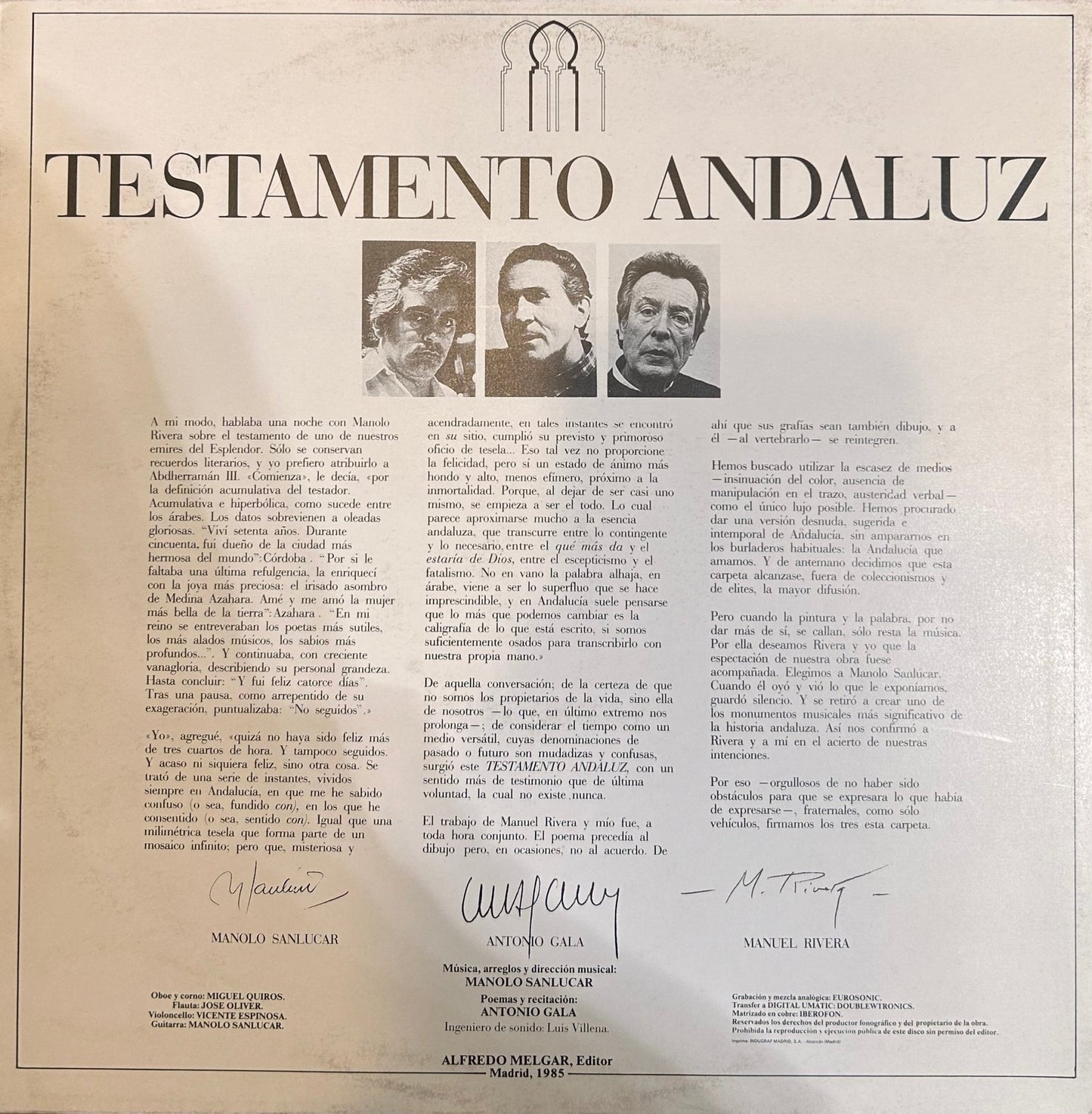 LP Manolo Sanlúcar, Antonio Gala, Manuel Rivera – Testamento Andaluz 2ª Mano - DISCOS NAKASHA