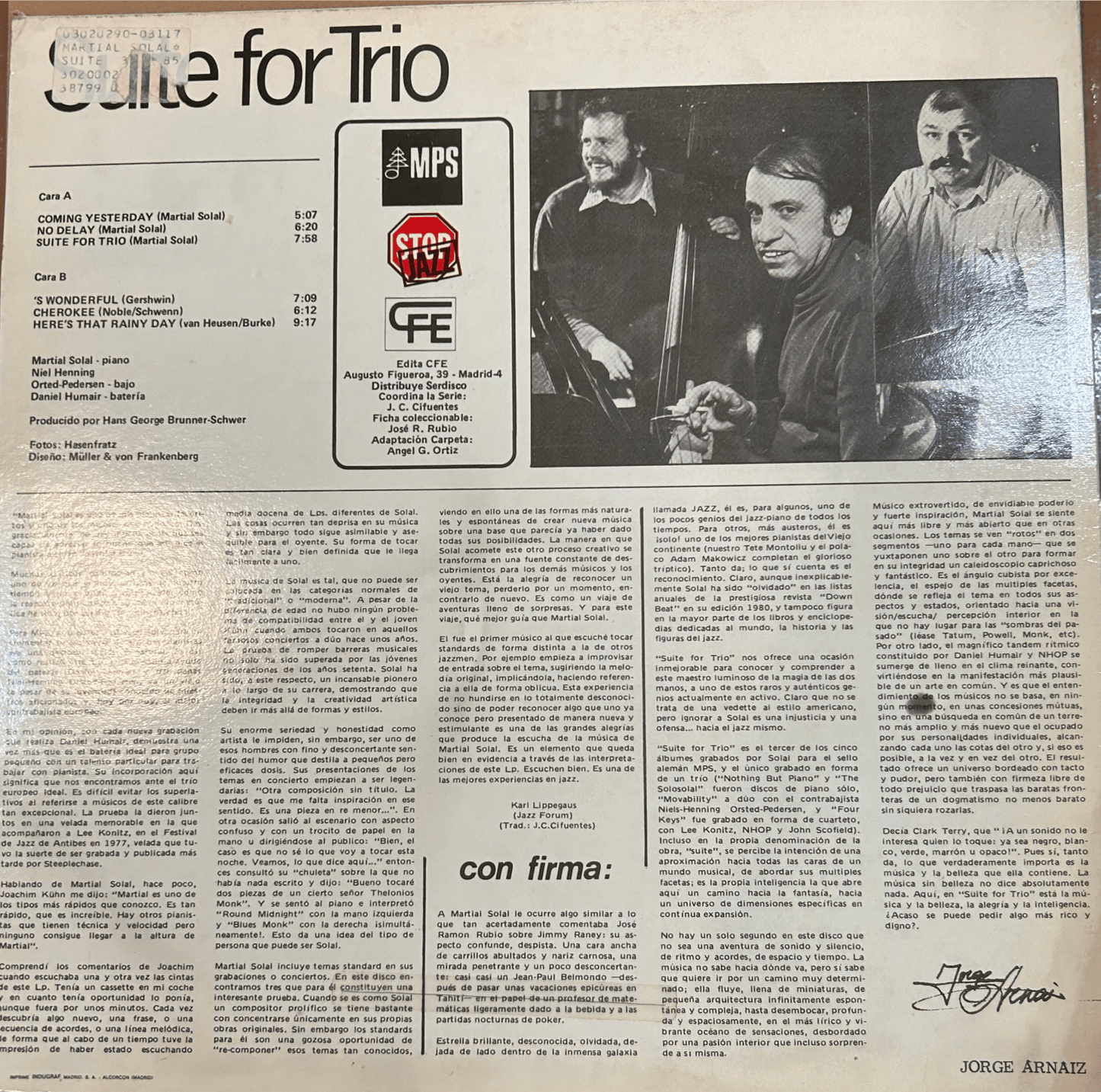 LP Martial Solal, Niels - Henning Ørsted Pedersen, Daniel Humair ‎– Suite For Trio 2ª Mano - DISCOS NAKASHA