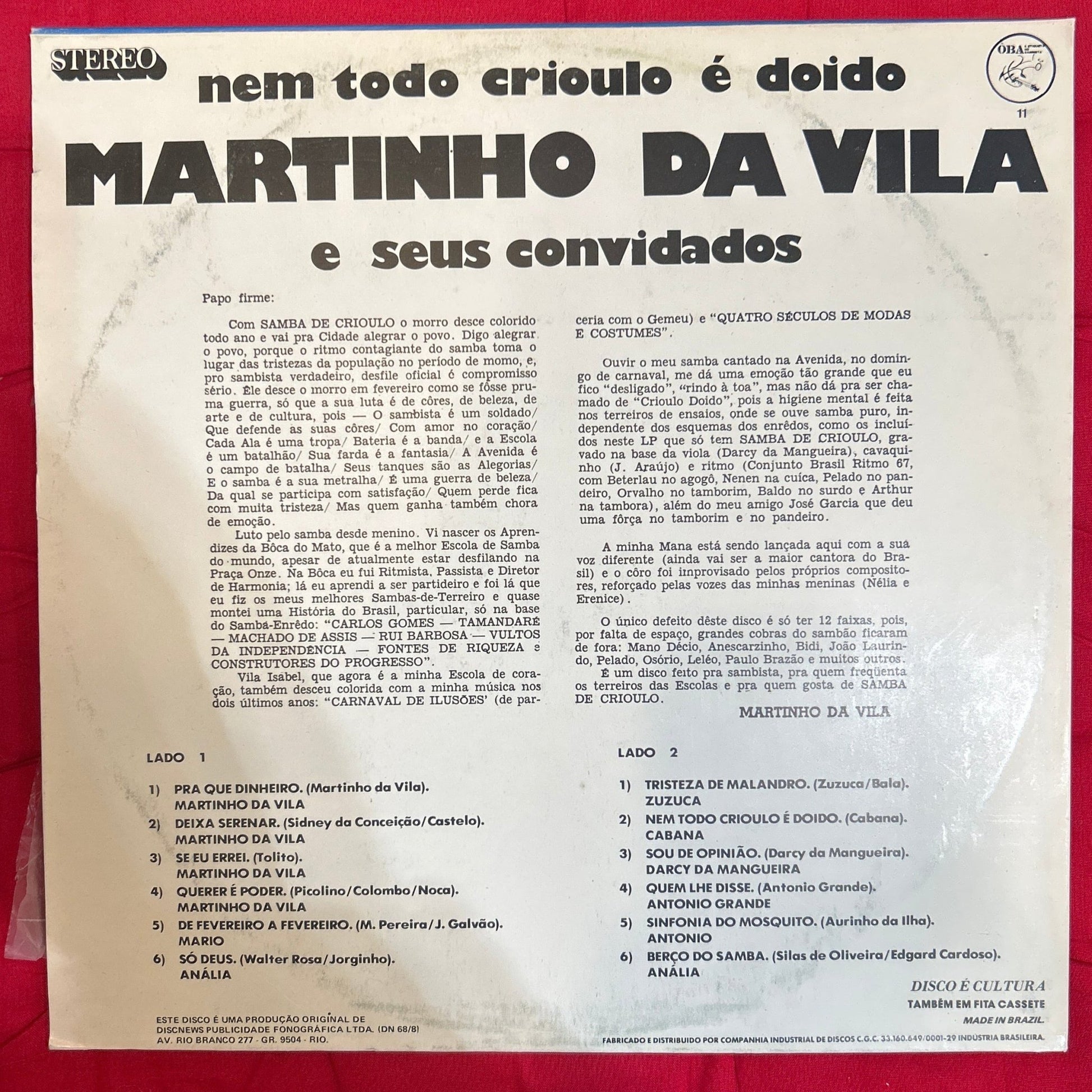 LP Martinho Da Vila E Seus Convidados Antônio Grande, Darcy da Mangueira, Zuzuca, Anália ‎– Nem Todo Crioulo É Doido 2ª Mano - DISCOS NAKASHA