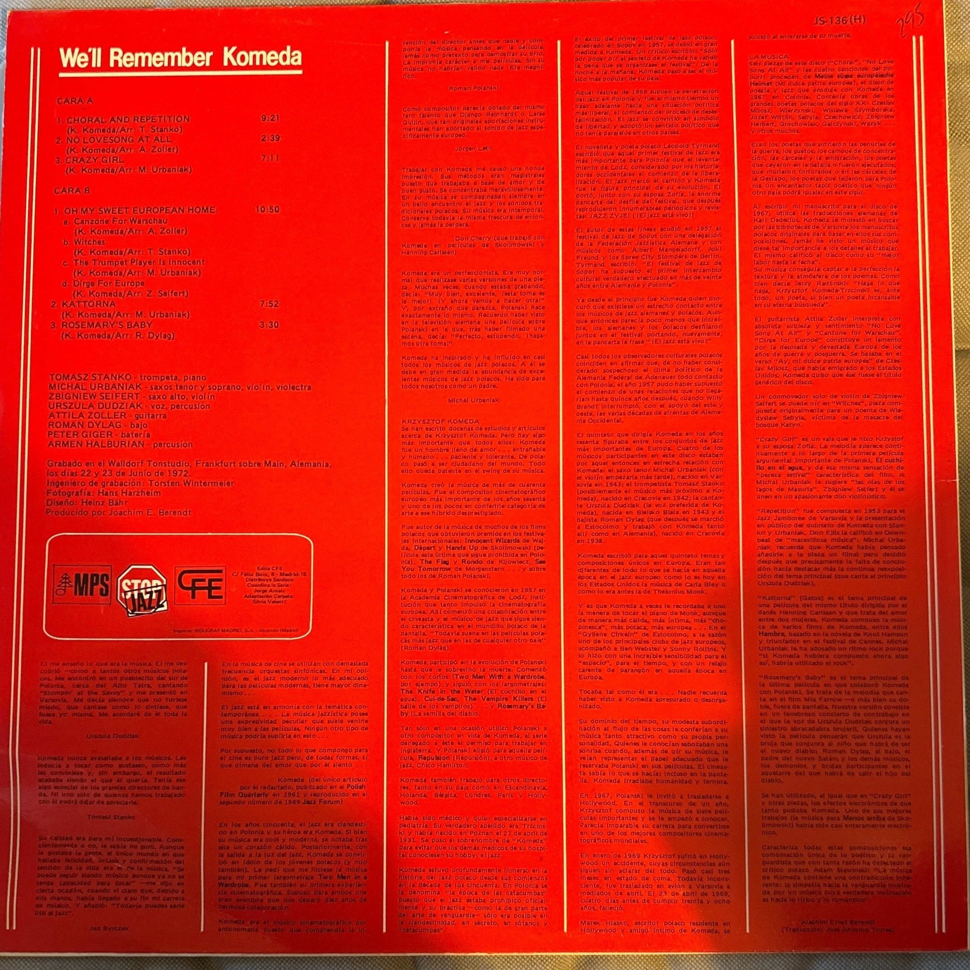 LP Michal Urbaniak · Tomasz Stanko · Attila Zoller · Urszula Dudziak – We'll Remember Komeda 2ª Mano - DISCOS NAKASHA