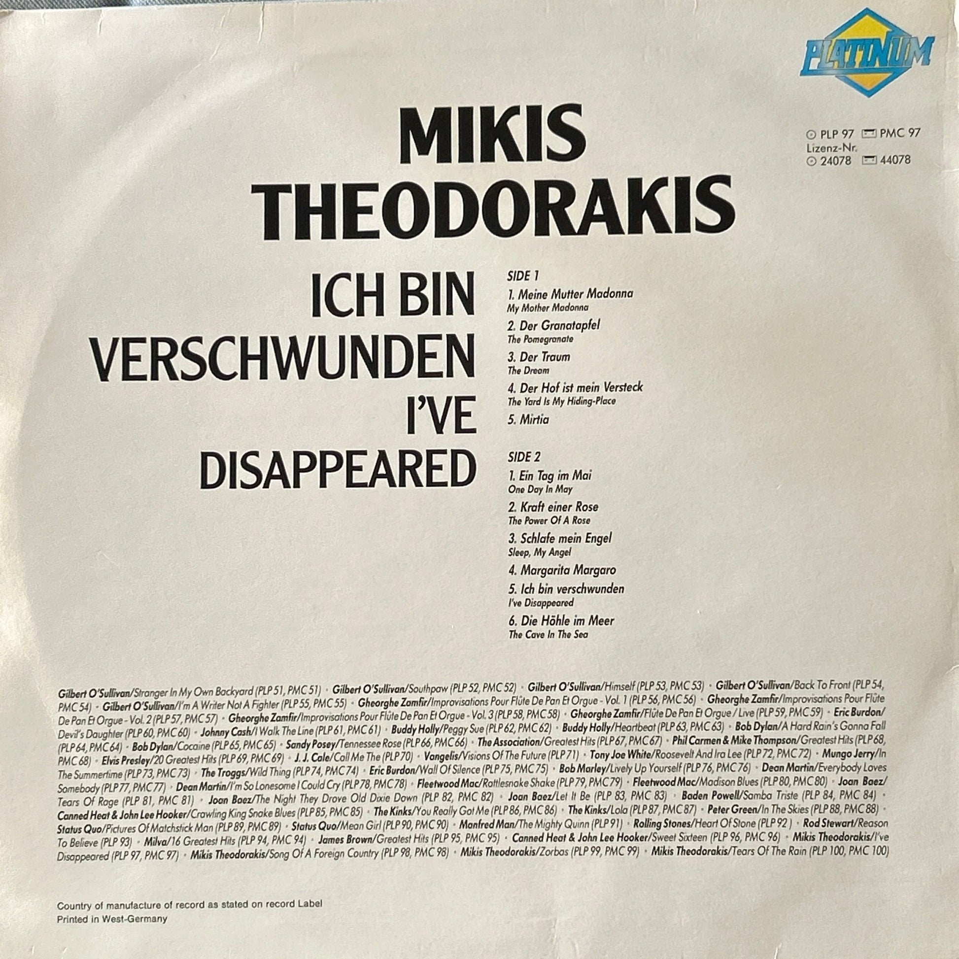 LP Mikis Theodorakis ‎– Ich Bin Verschwunden = I've Disappeared 2ª Mano (Producto exclusivo recogida en tienda) - DISCOS NAKASHA