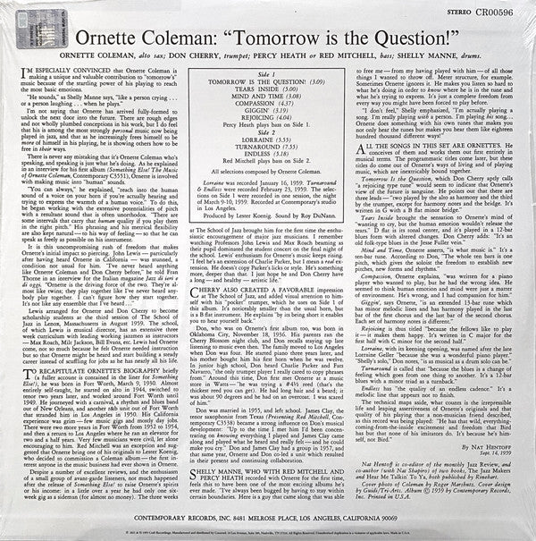 LP Ornette Coleman ‎– Tomorrow Is The Question! Nuevo precintado - DISCOS NAKASHA