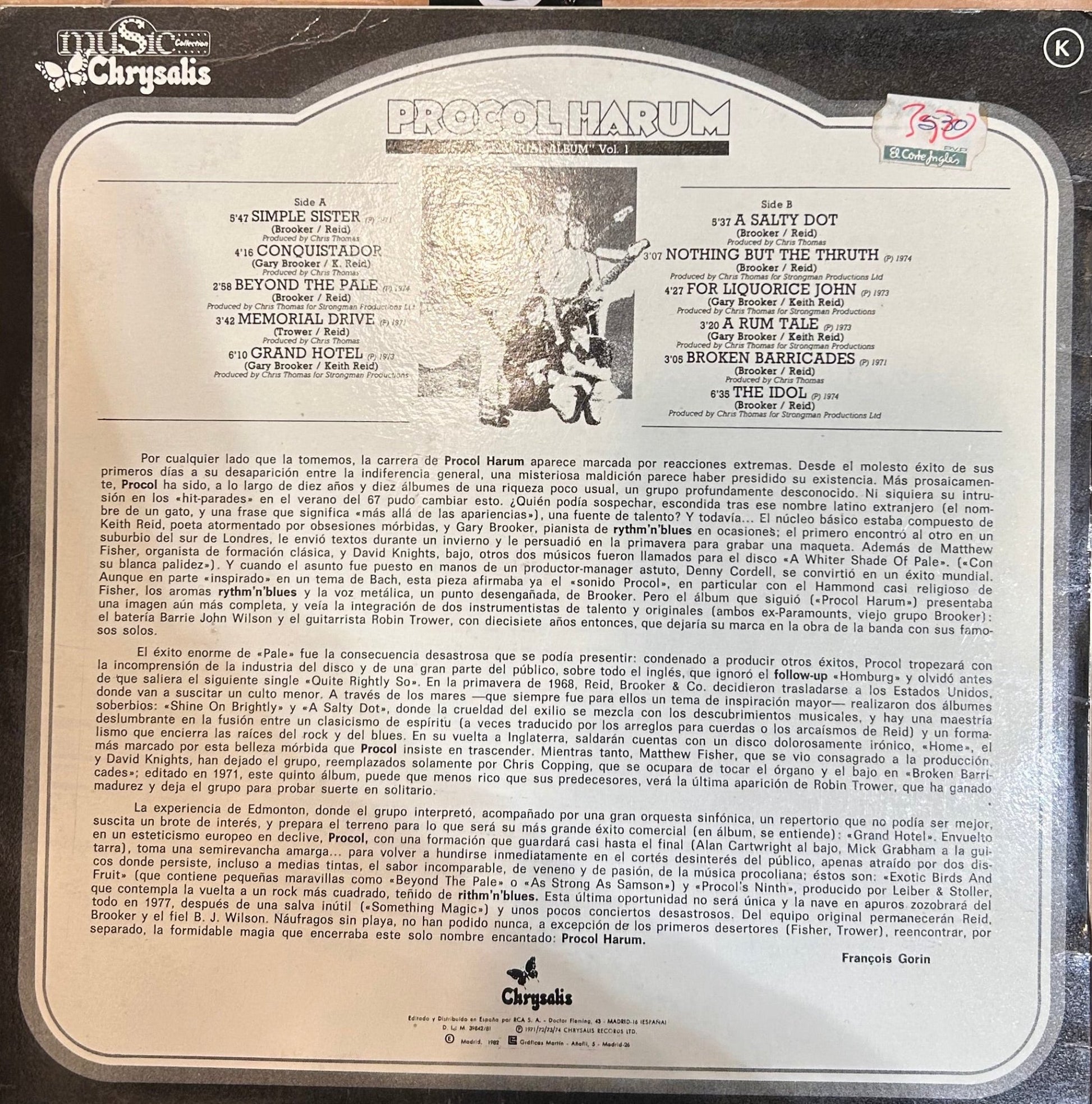 LP Procol Harum – Memorial Album Vol.1 2ª mano - DISCOS NAKASHA
