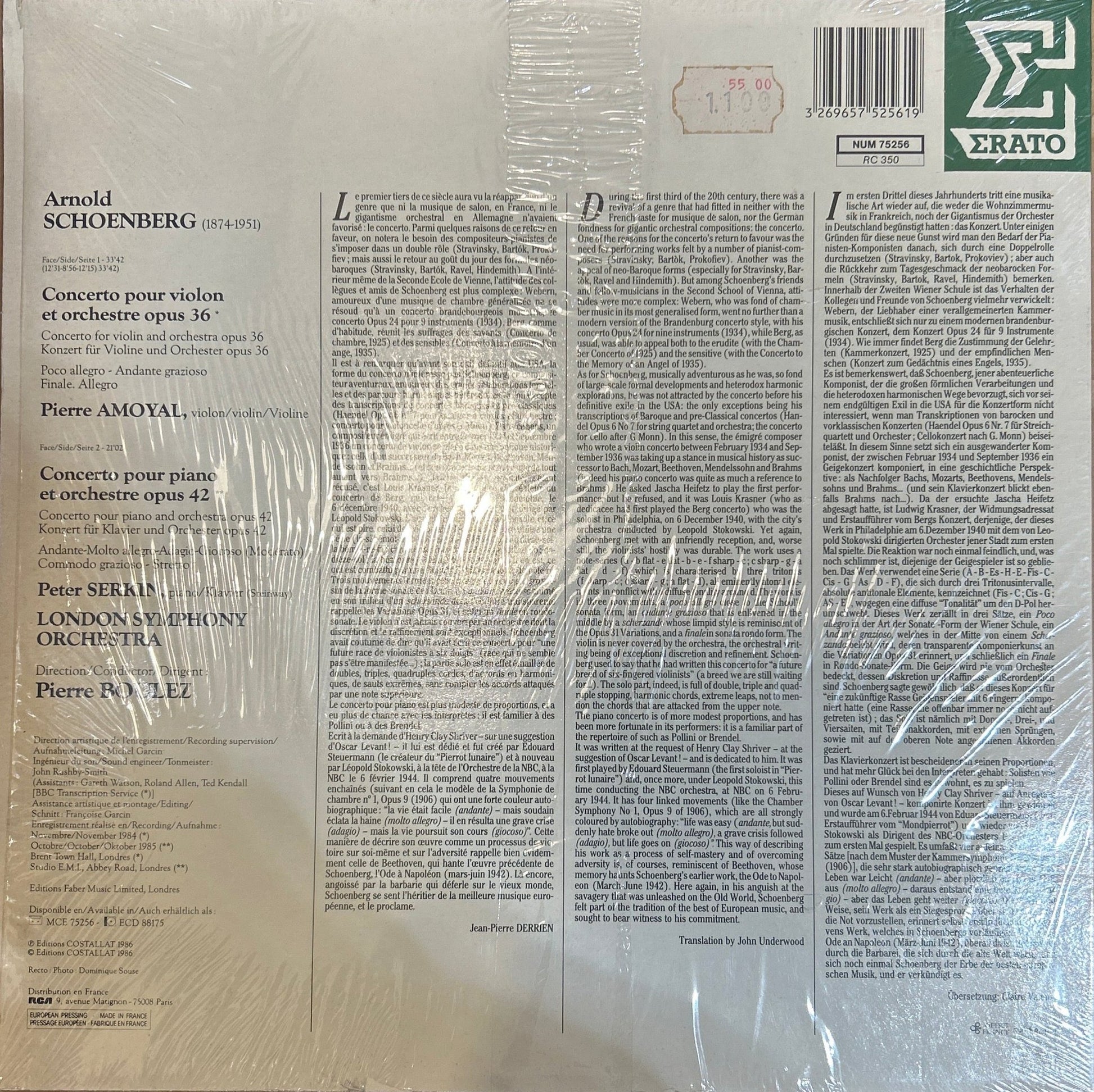 LP Schœnberg - Pierre Amoyal, Peter Serkin, London Symphony Orchestra, Pierre Boulez ‎– Concerto Pour Violon Op.36 / Concerto Pour Piano Op.42 2ª Mano - DISCOS NAKASHA
