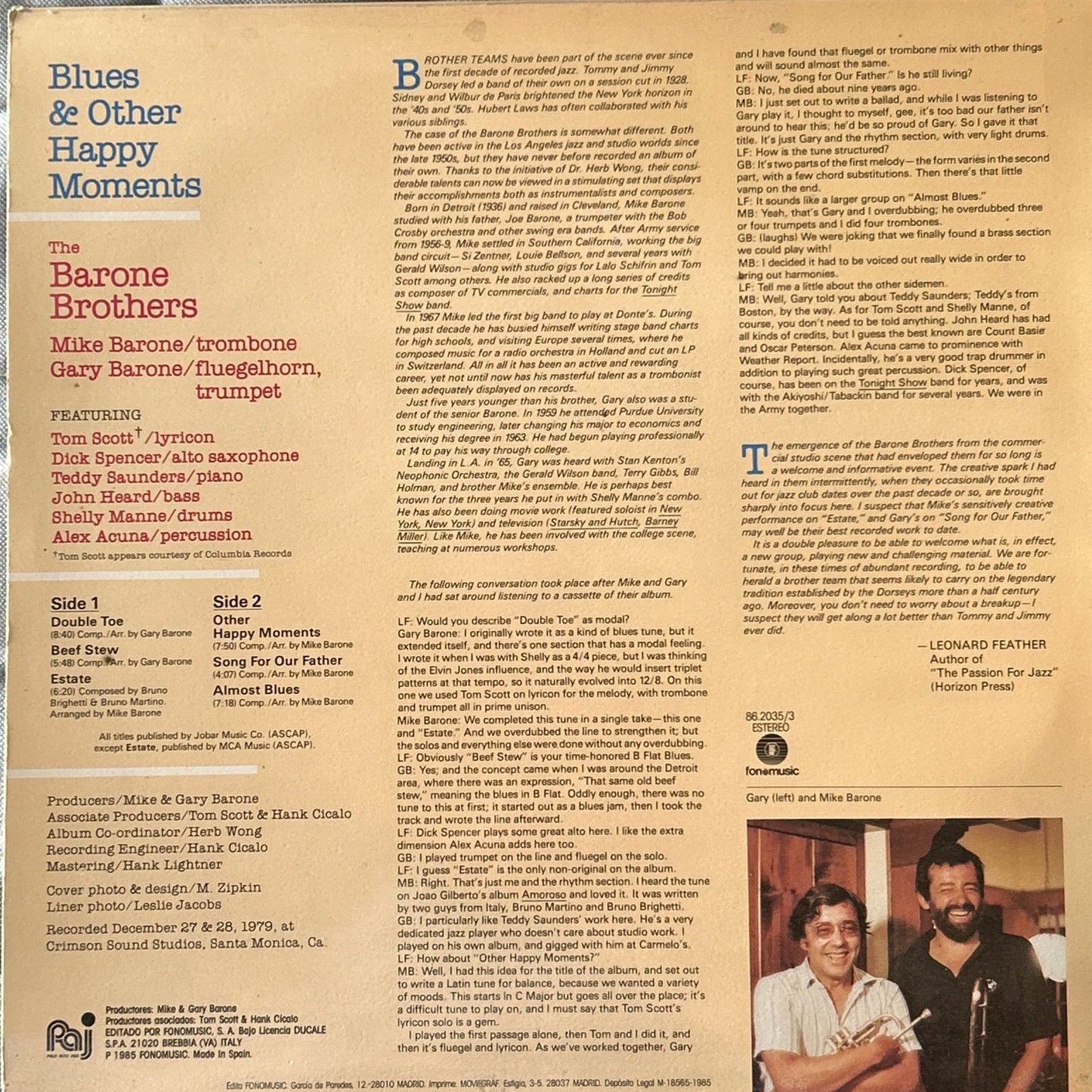 LP The Barone Brothers ‎– Blues & Other Happy Moments 2ª Mano - DISCOS NAKASHA
