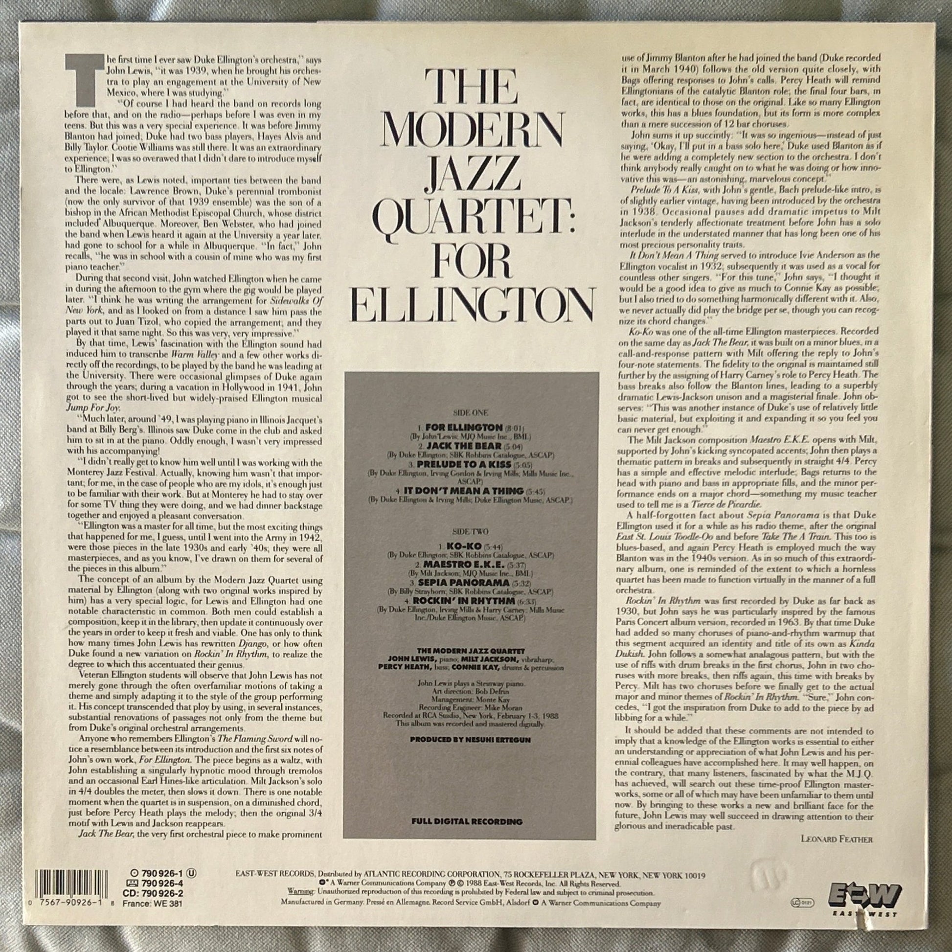 LP The Modern Jazz Quartet ‎– For Ellington 2ª Mano - DISCOS NAKASHA