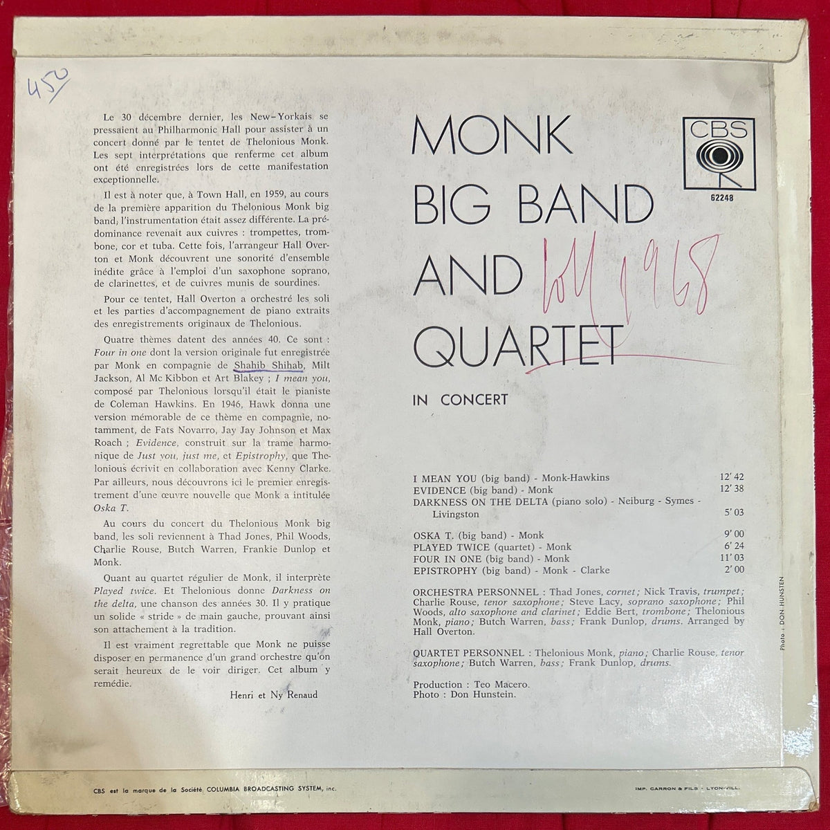 LP Thelonious Monk – Big Band And Quartet In Concert 2ª Mano - DISCOS NAKASHA