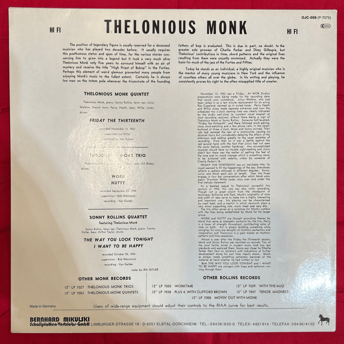 LP Thelonious Monk / Sonny Rollins ‎– Thelonious Monk / Sonny Rollins Ed. Alemana 2ª Mano - DISCOS NAKASHA