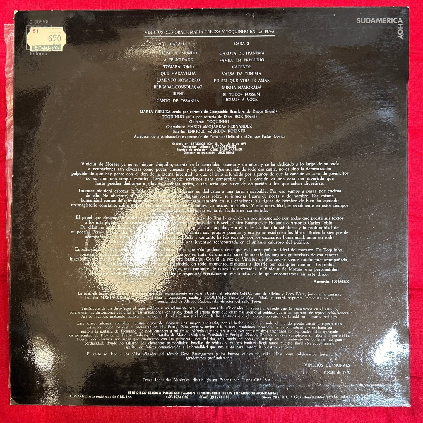LP Vinicius De Moraes, Maria Creuza Y Toquinho – Vinicius De Moraes En La Fusa 2ª mano - DISCOS NAKASHA