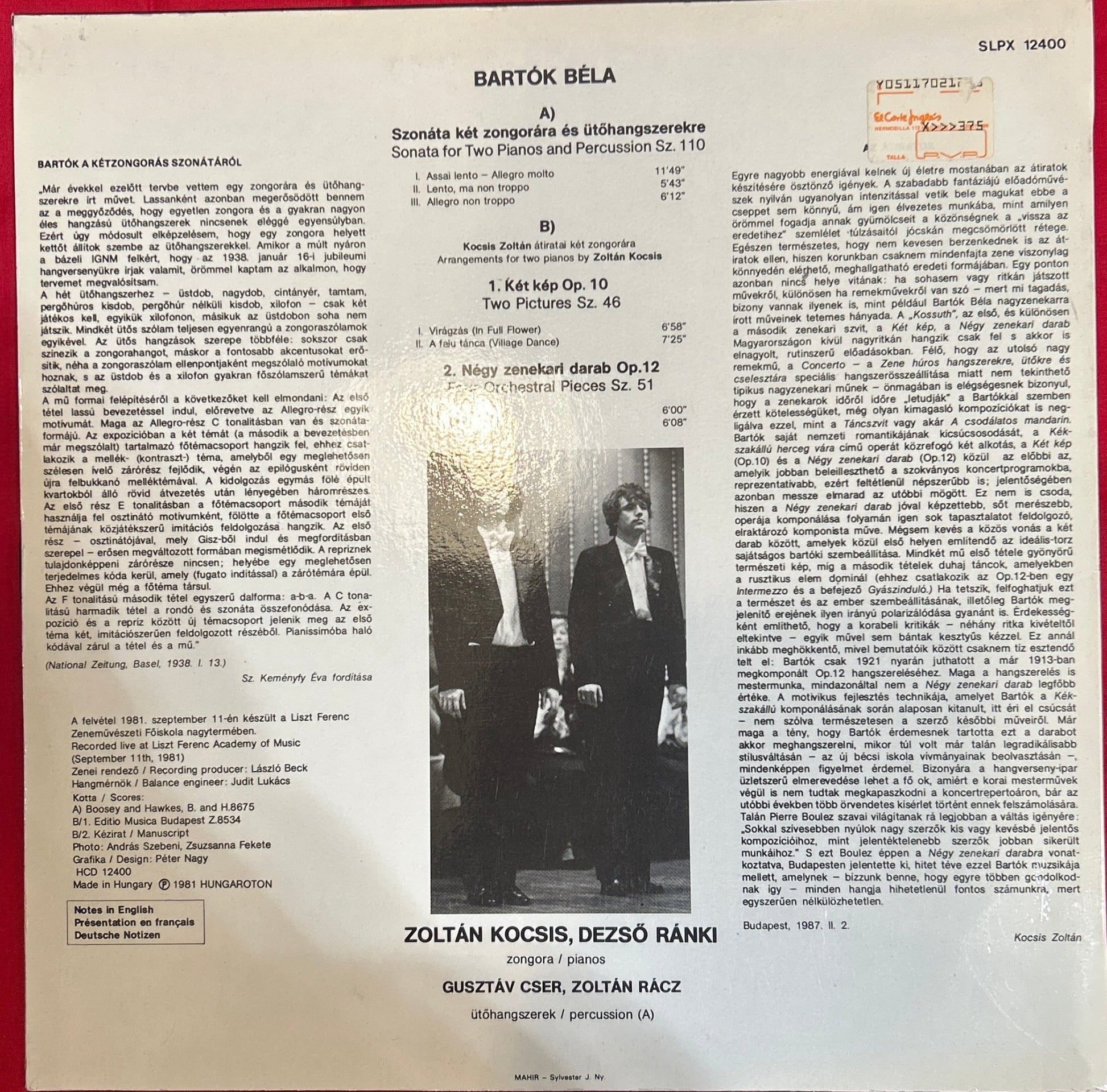 LP Zoltán Kocsis ‎– Bartók: Sonata For Two Pianos And Percussion Etc.2ª Mano - DISCOS NAKASHA